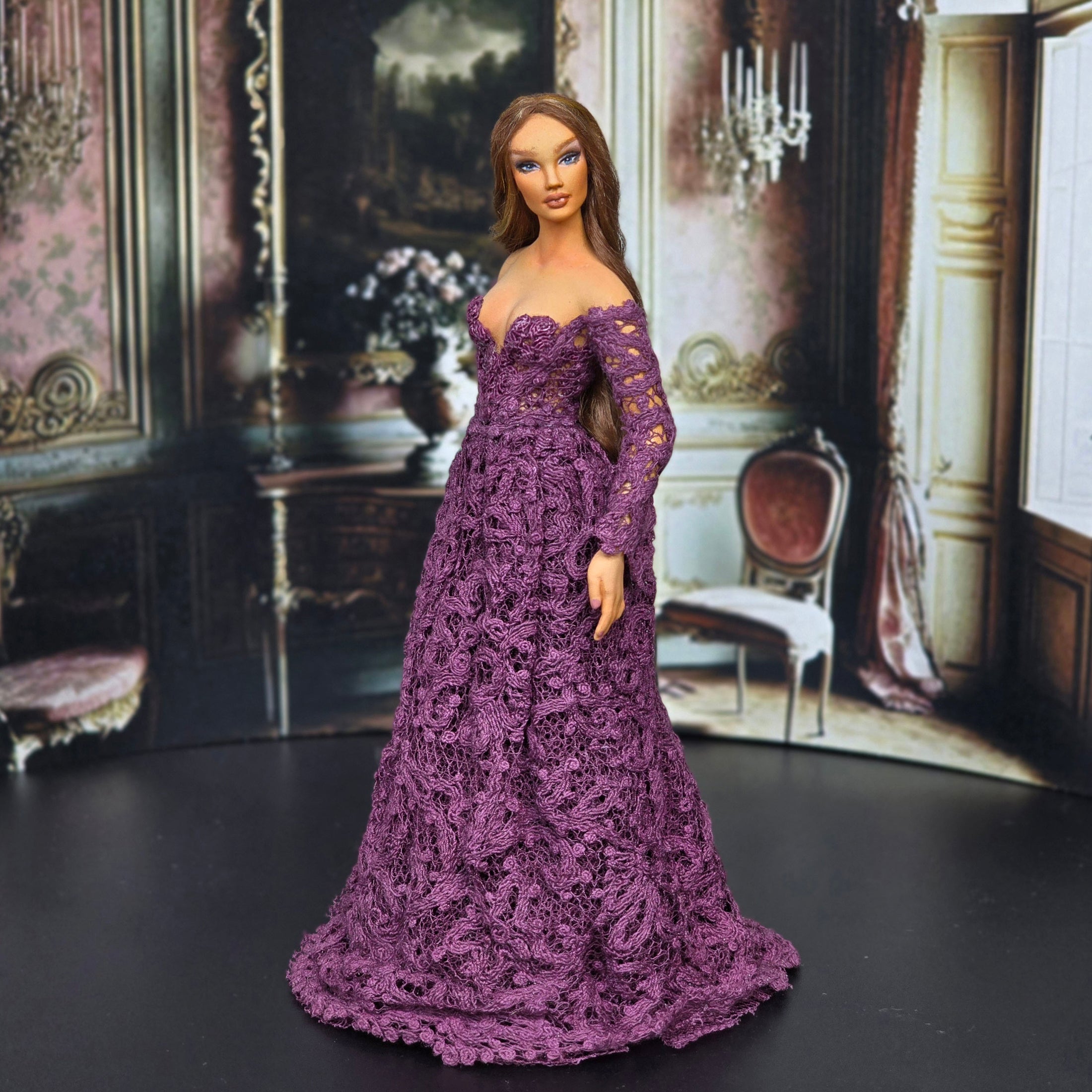 Lilac Lane Miniatures Edwardian or Modern Style Dollhouse Clay Doll in Plum Lace Gown