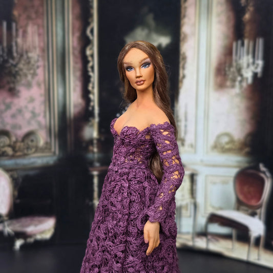 Lilac Lane Miniatures Edwardian or Modern Style Dollhouse Clay Doll in Plum Lace Gown