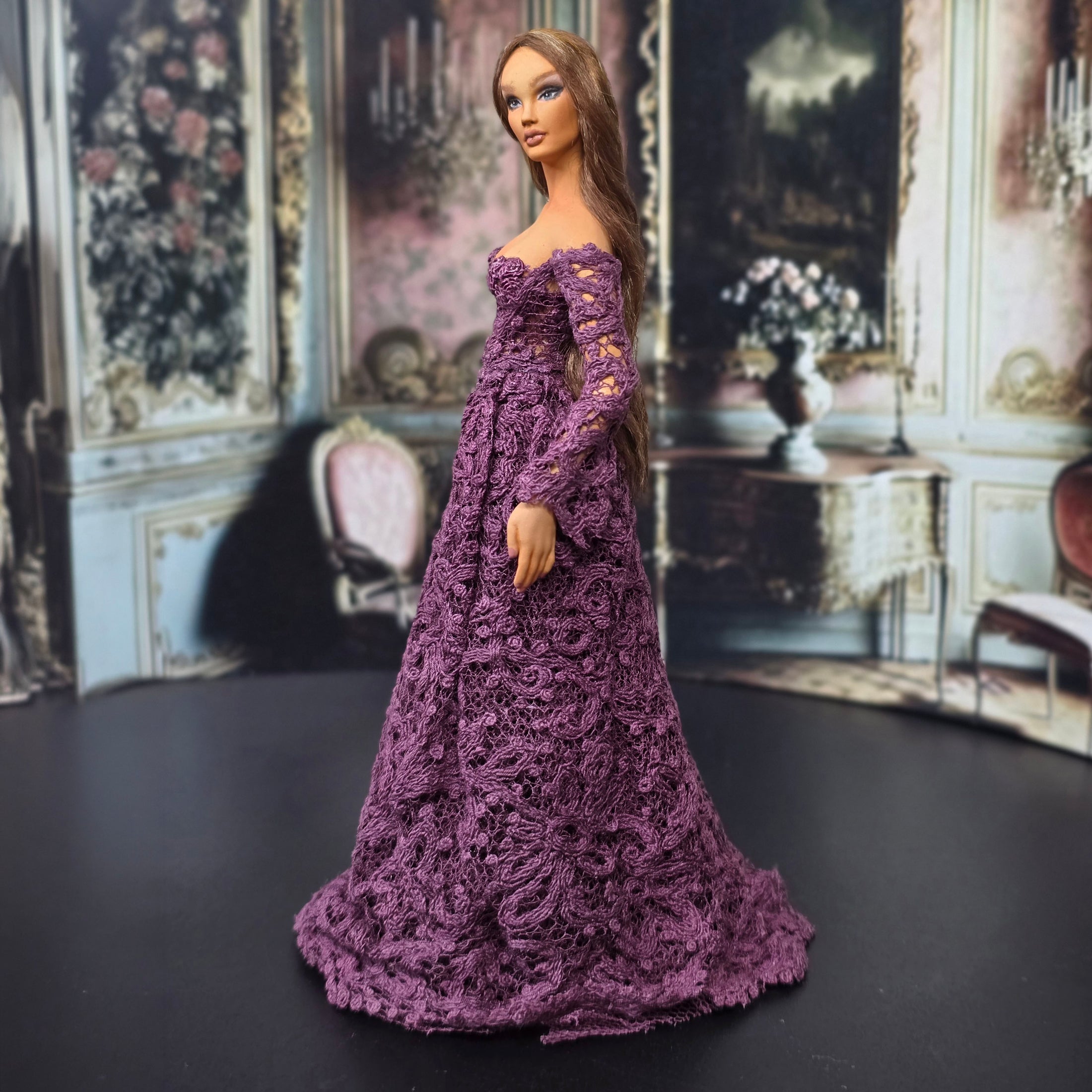 Lilac Lane Miniatures Edwardian or Modern Style Dollhouse Clay Doll in Plum Lace Gown