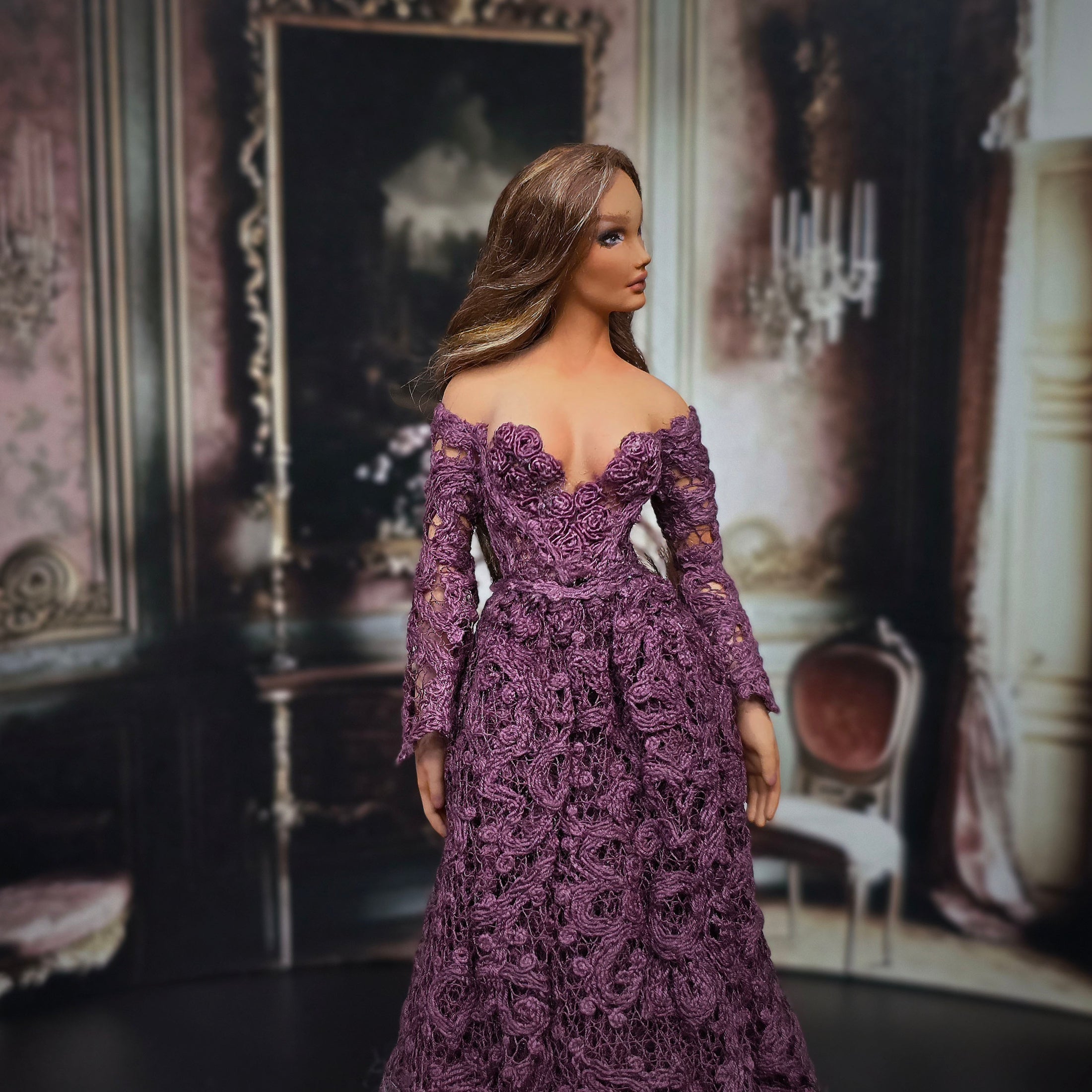 Lilac Lane Miniatures Edwardian or Modern Style Dollhouse Clay Doll in Plum Lace Gown