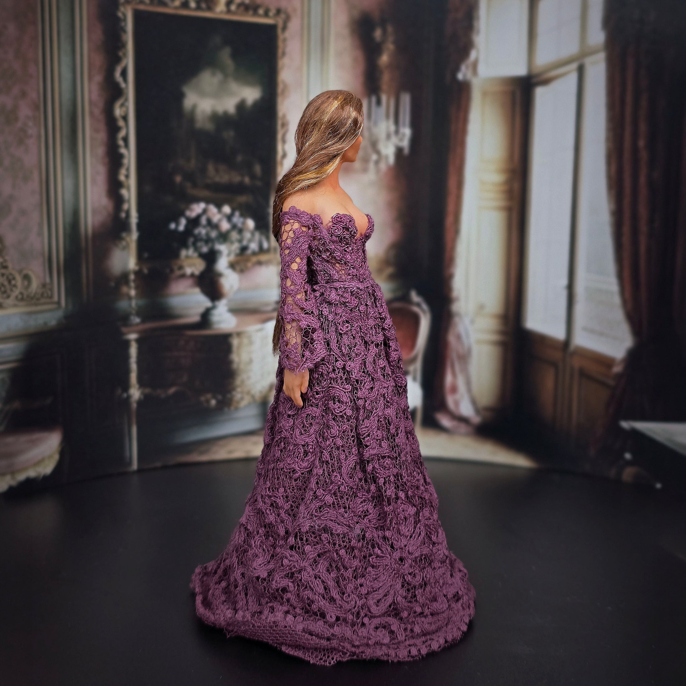 Lilac Lane Miniatures Edwardian or Modern Style Dollhouse Clay Doll in Plum Lace Gown