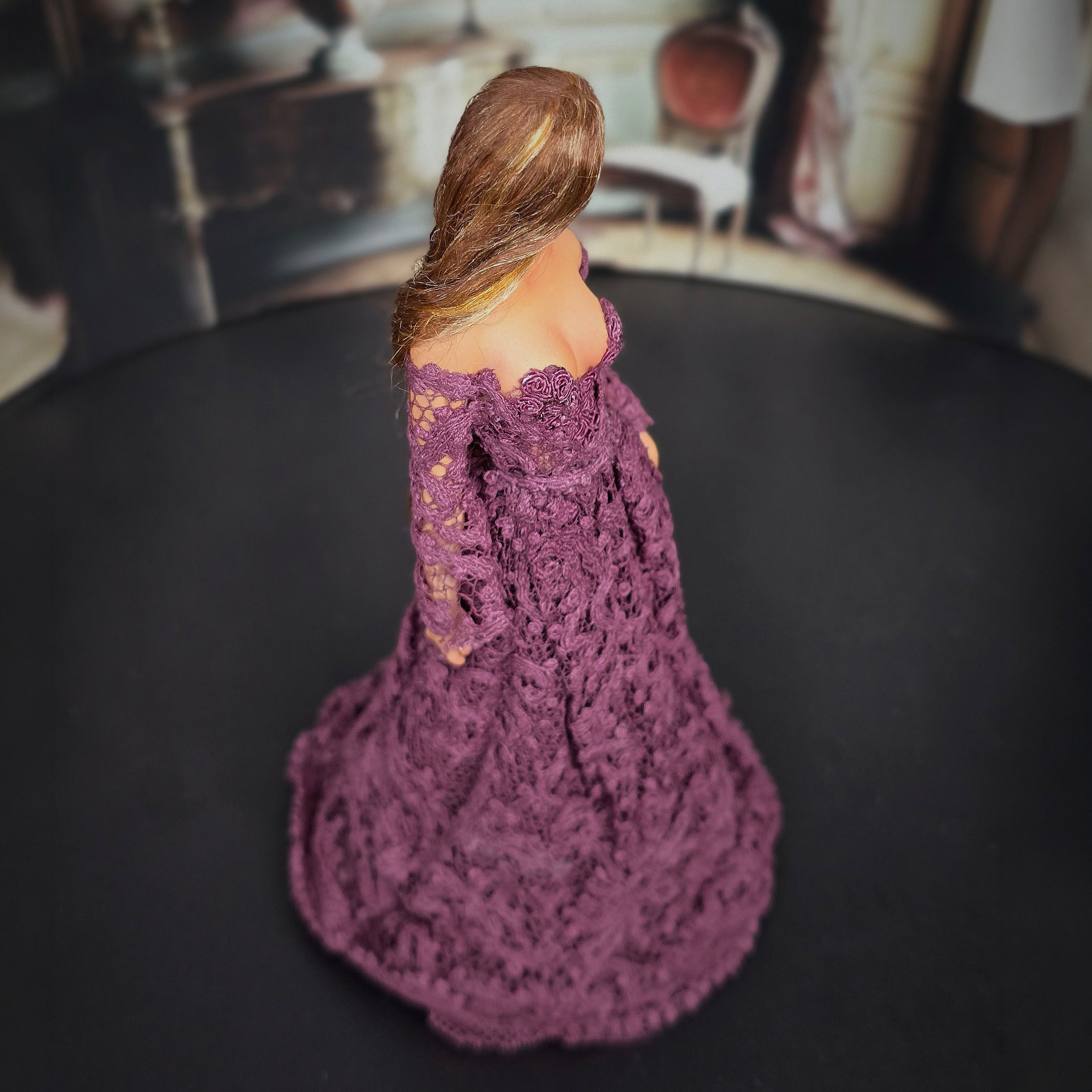 Lilac Lane Miniatures Edwardian or Modern Style Dollhouse Clay Doll in Plum Lace Gown