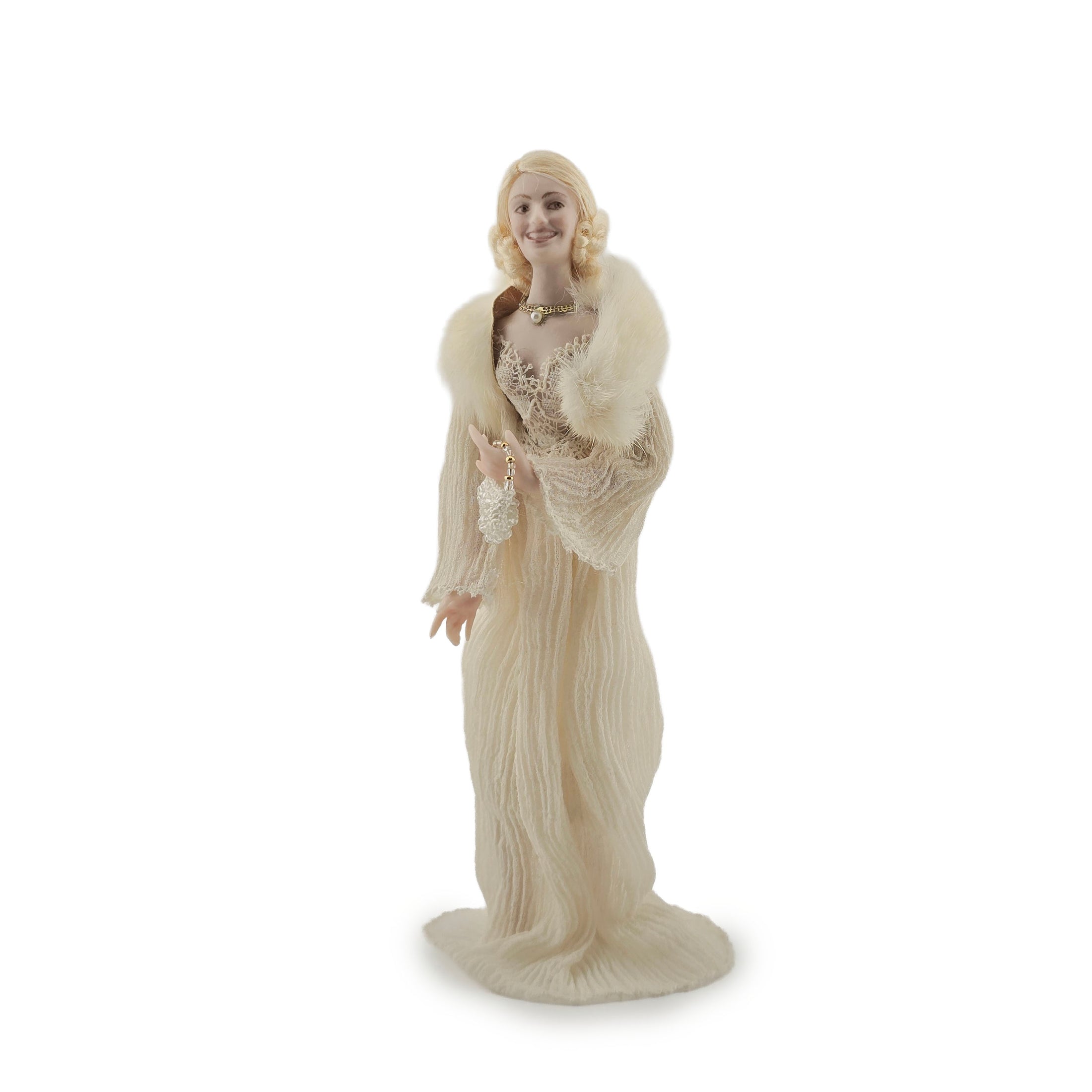 Vintage Porcelain Hollywood Starlet Blonde Lady Doll Ivory Gown & Fur Stole