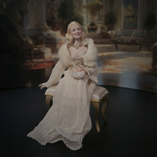 Vintage Porcelain Hollywood Starlet Blonde Lady Doll Ivory Gown & Fur Stole