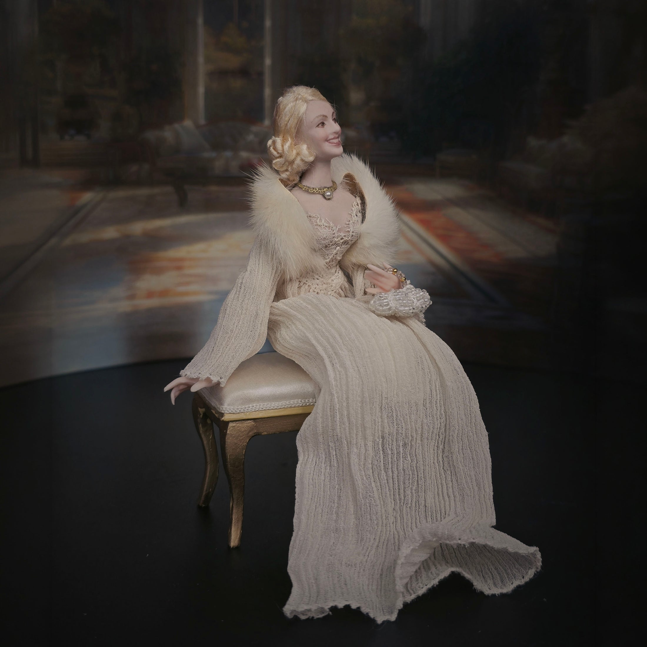 Vintage Porcelain Hollywood Starlet Blonde Lady Doll Ivory Gown & Fur Stole