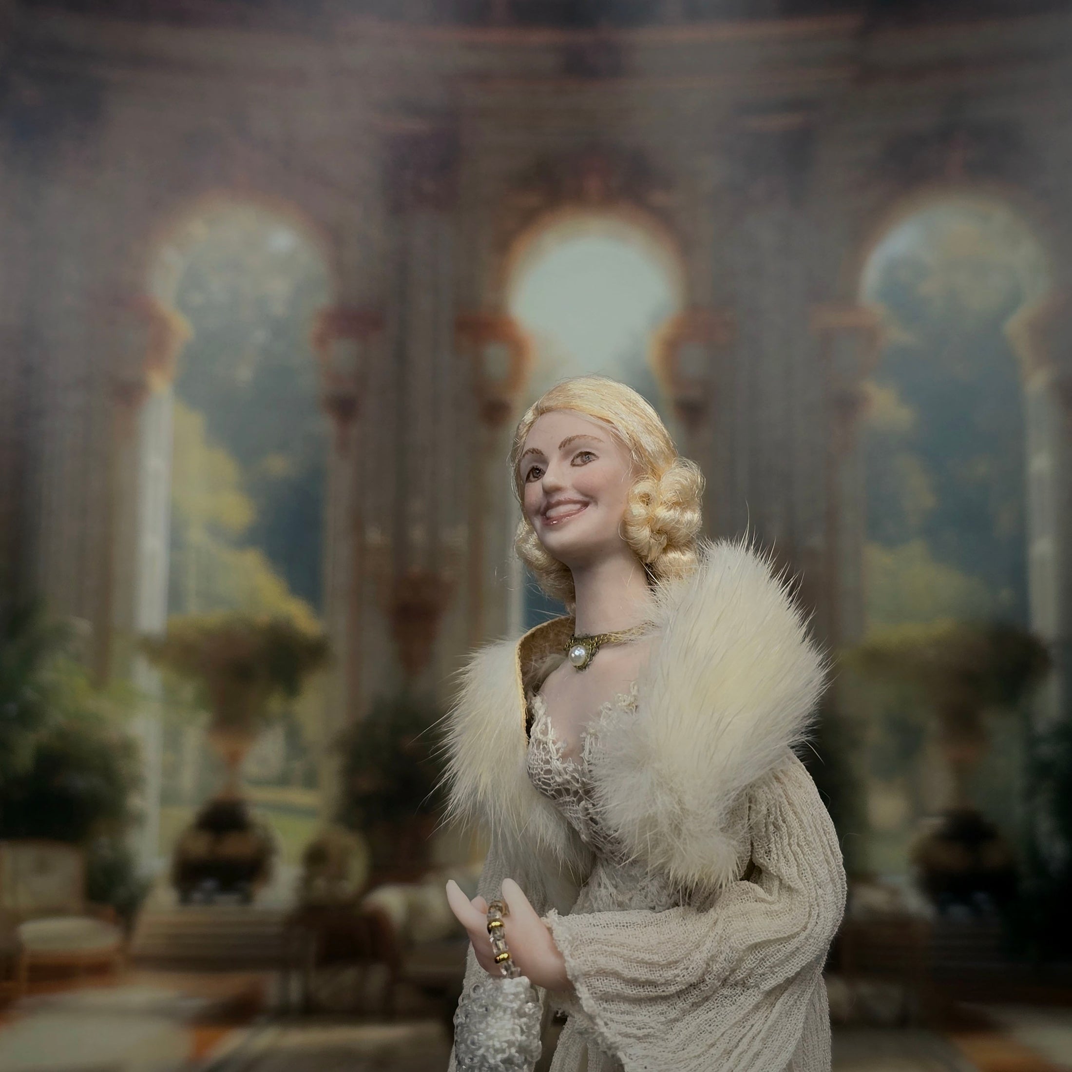 Vintage Porcelain Hollywood Starlet Blonde Lady Doll Ivory Gown & Fur Stole