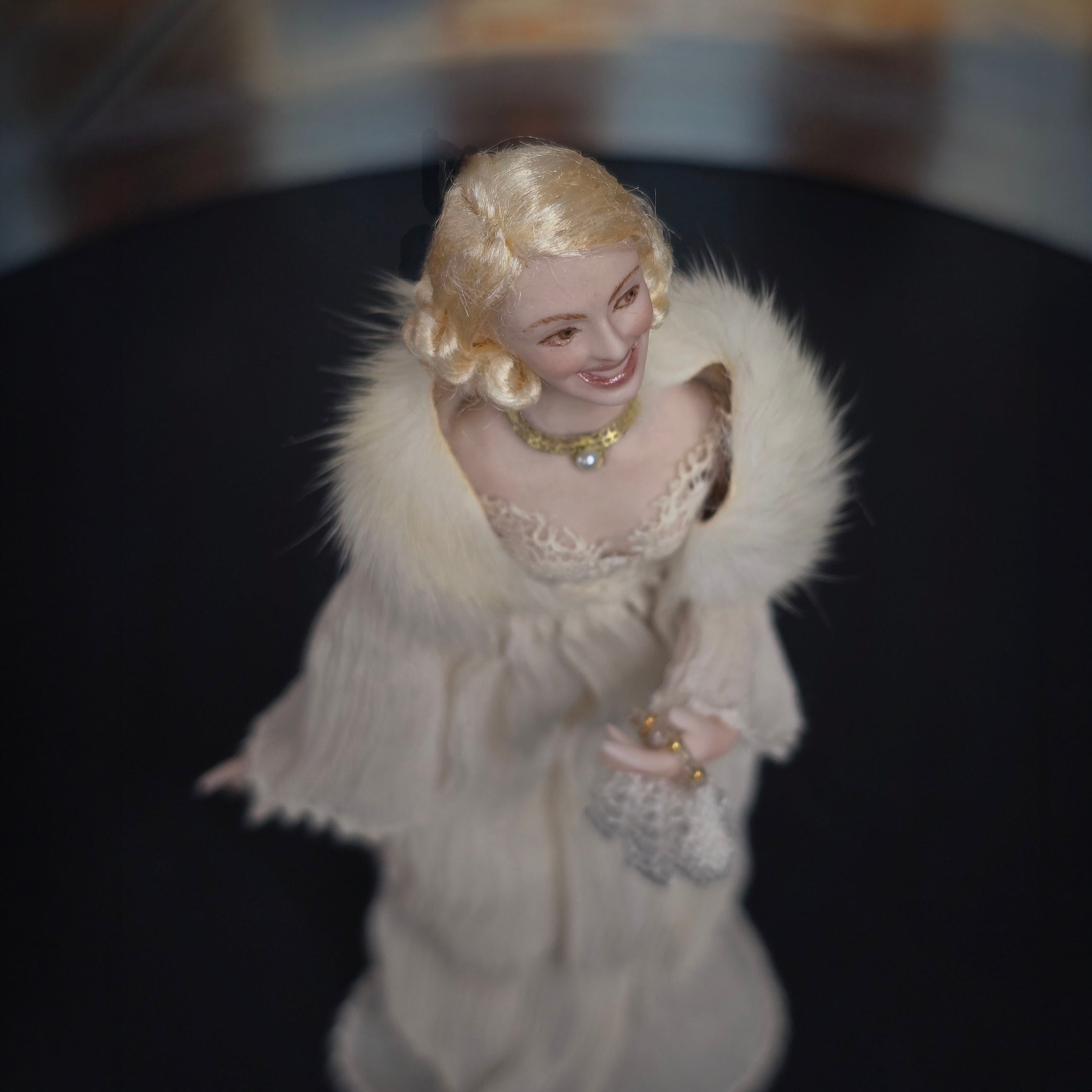 Vintage Porcelain Hollywood Starlet Blonde Lady Doll Ivory Gown & Fur Stole