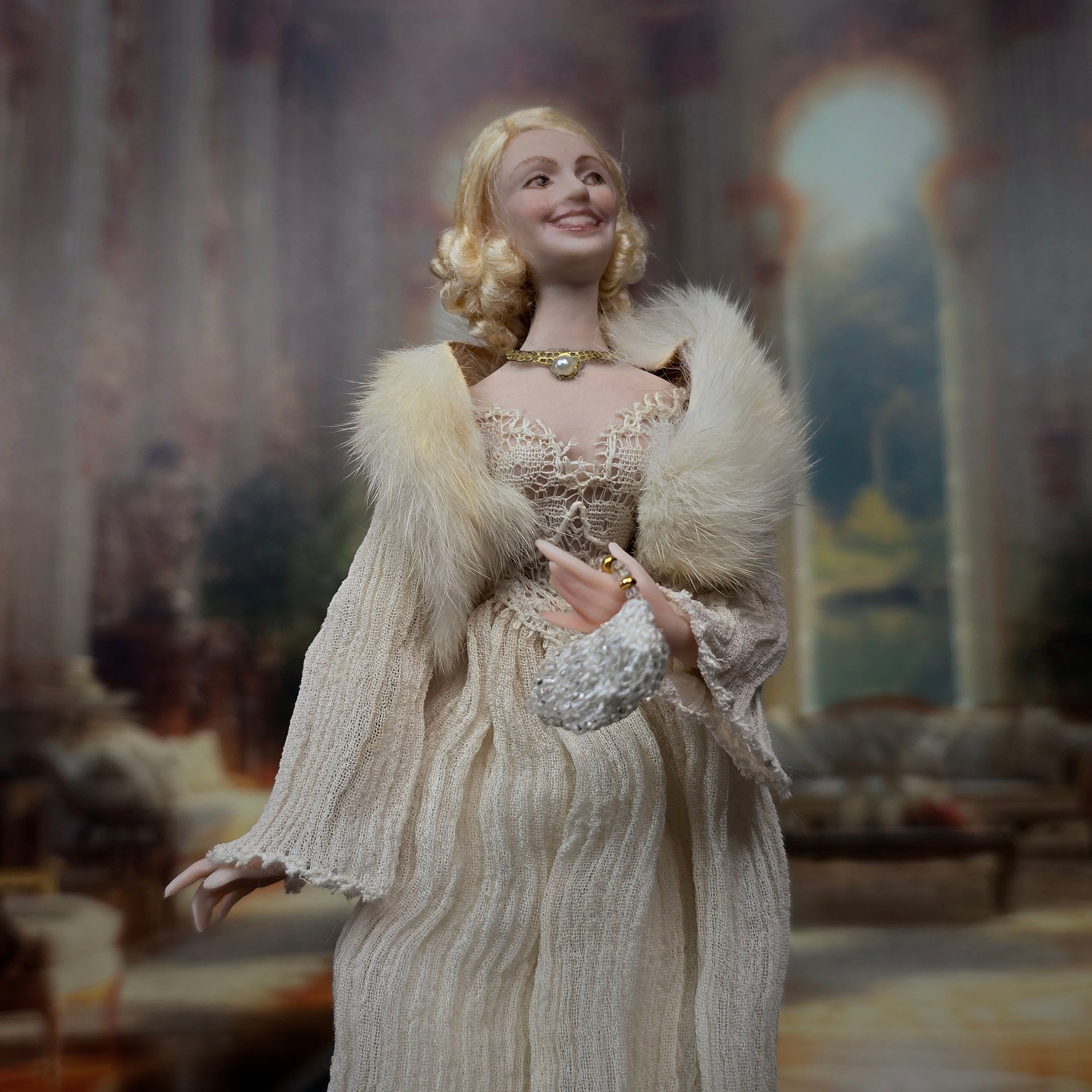 Vintage Porcelain Hollywood Starlet Blonde Lady Doll Ivory Gown & Fur Stole