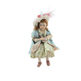 Load image into Gallery viewer, Seated Porcelain Little Girl Doll with Teacup, Pink Feathered Hat & Leather Shoes
