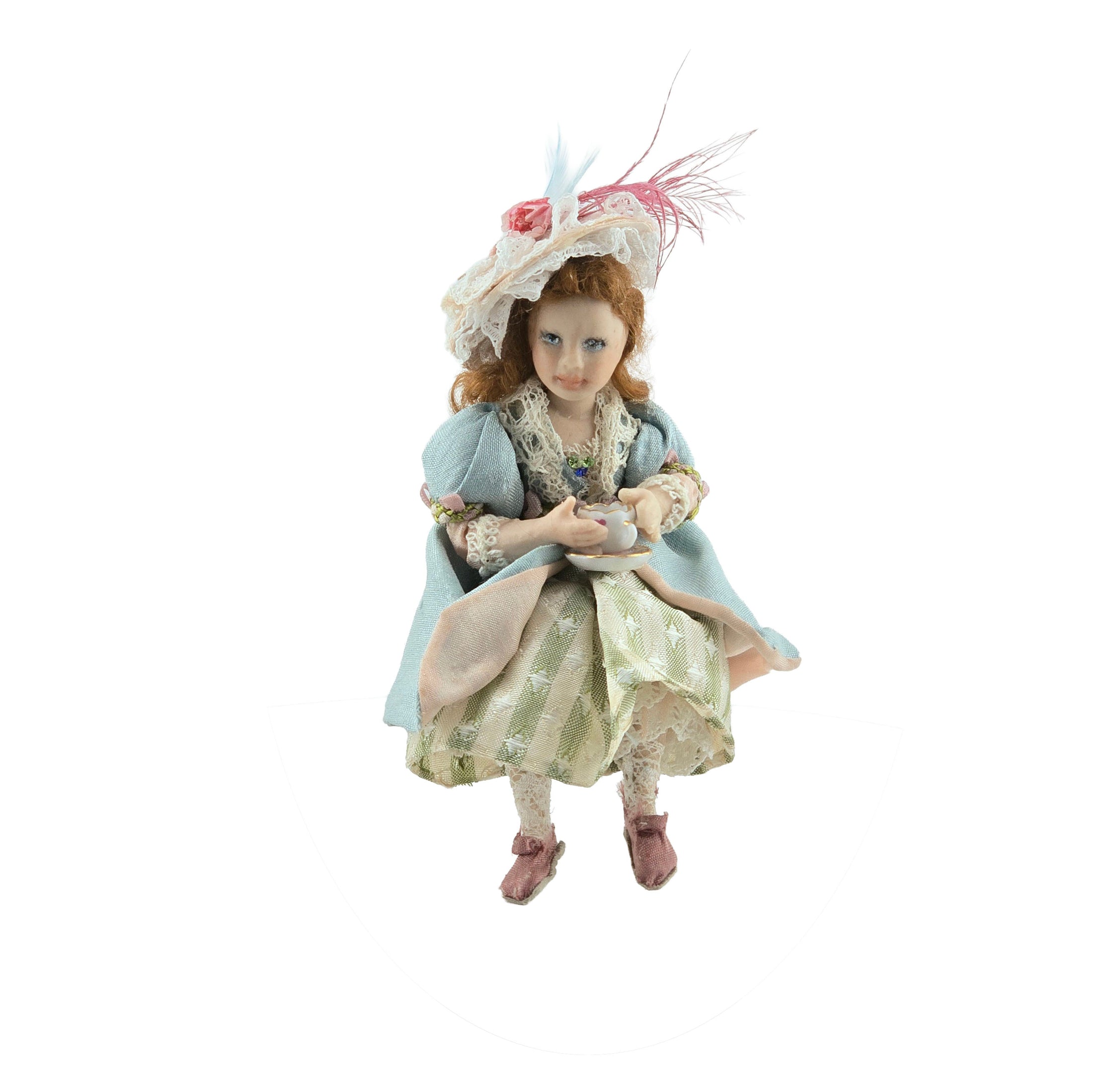 Seated Porcelain Little Girl Doll with Teacup, Pink Feathered Hat & Leather Shoes