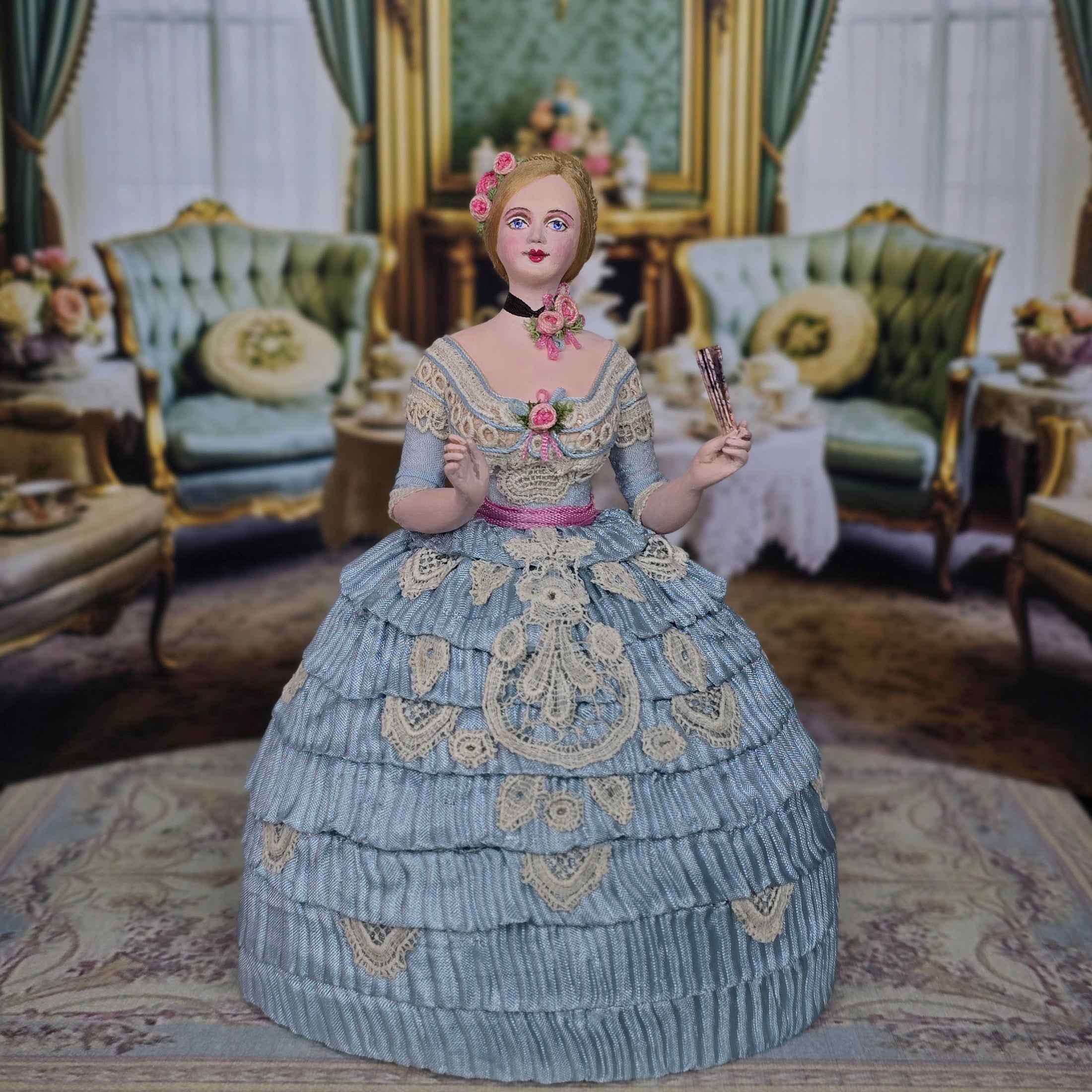 Gale Elena Bantock Signed Victorian Lady Porcelain Dollhouse Doll in Blue Silk Gown with Fan