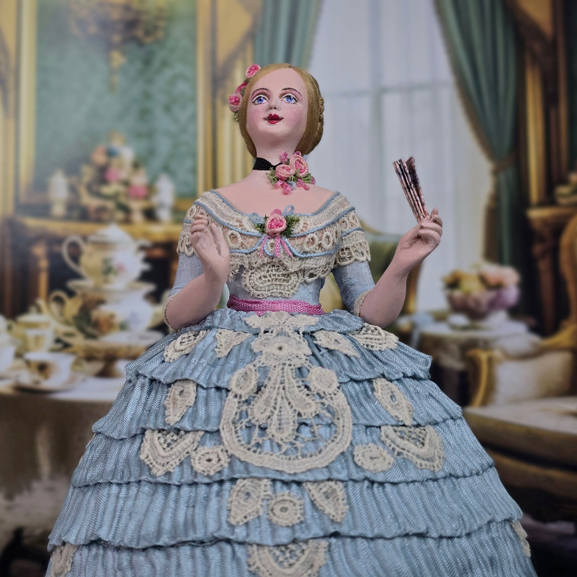 Gale Elena Bantock Signed Victorian Lady Porcelain Dollhouse Doll in Blue Silk Gown with Fan