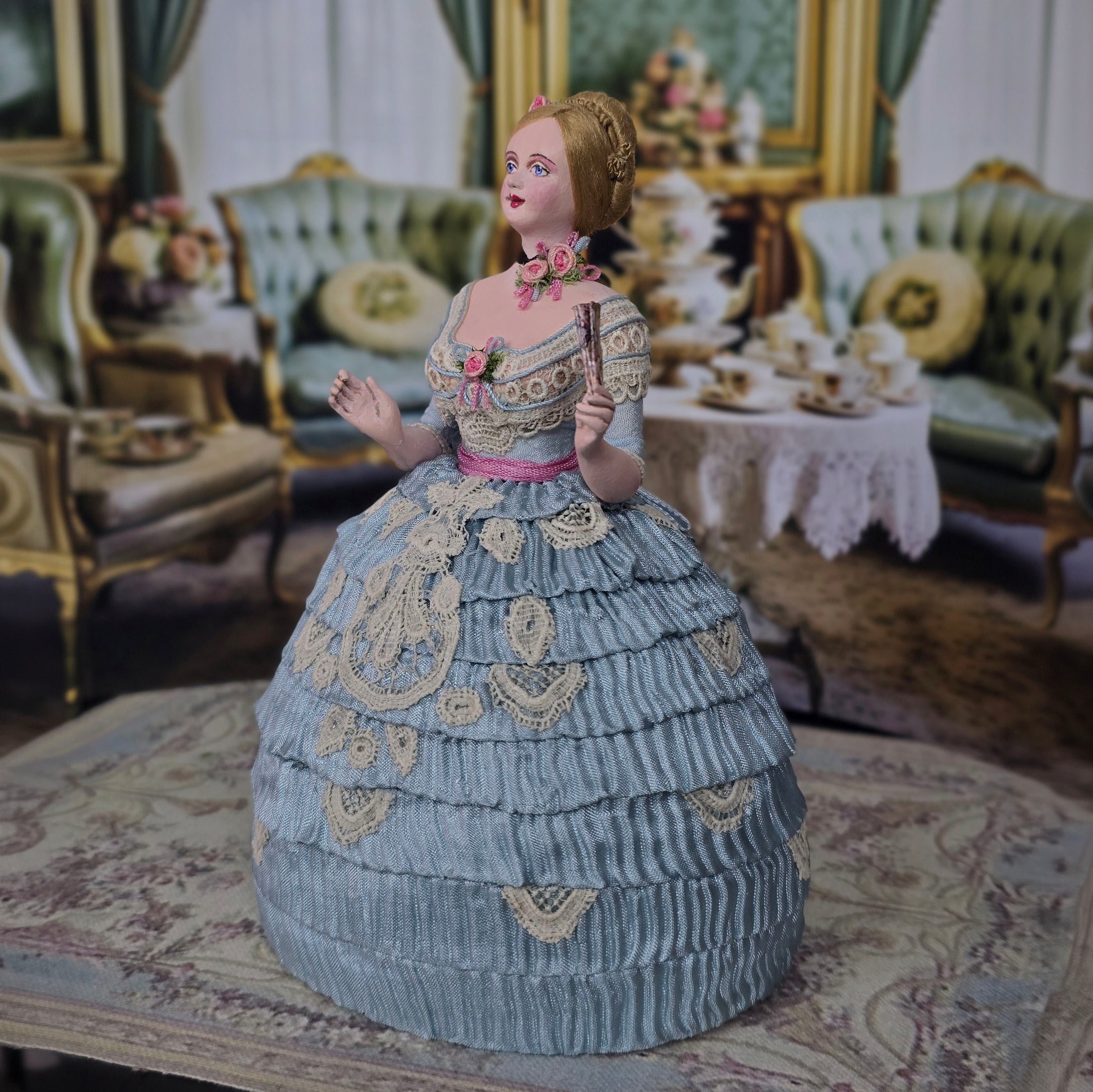 Gale Elena Bantock Signed Victorian Lady Porcelain Dollhouse Doll in Blue Silk Gown with Fan