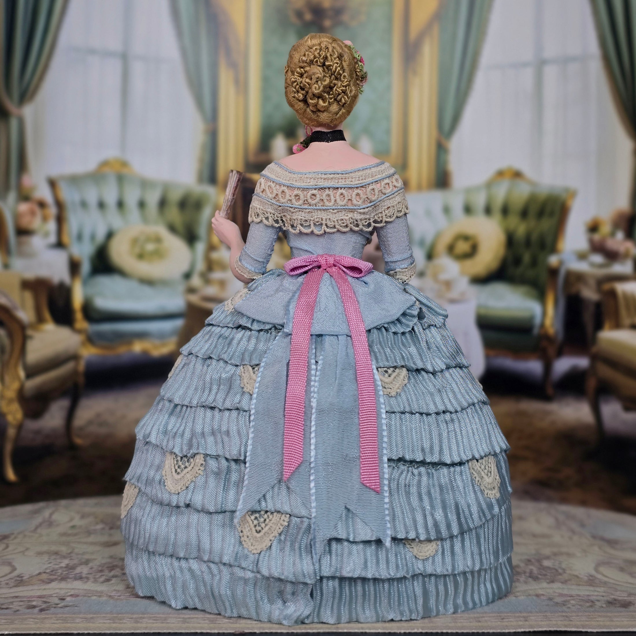 Gale Elena Bantock Signed Victorian Lady Porcelain Dollhouse Doll in Blue Silk Gown with Fan
