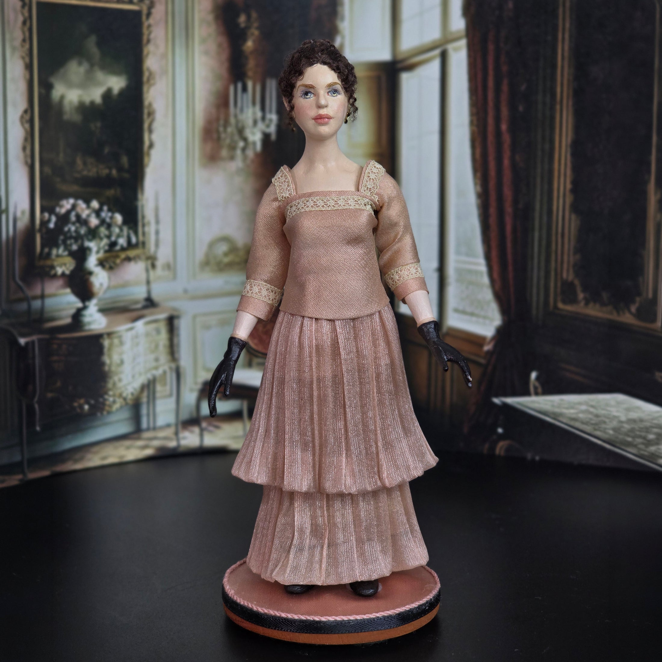 Hanna Kahl Hyland Rare Edwardian Style Carved Pear Wood Dollhouse Doll Lady on Platform