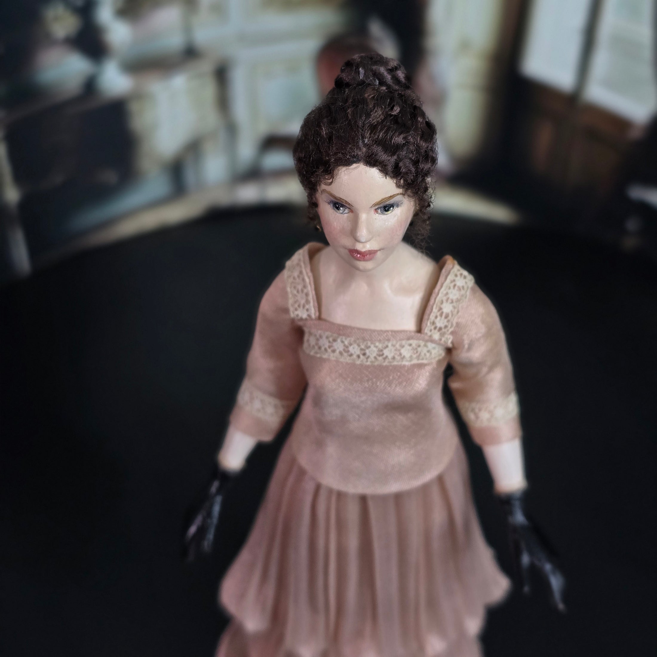 Hanna Kahl Hyland Rare Edwardian Style Carved Pear Wood Dollhouse Doll Lady on Platform