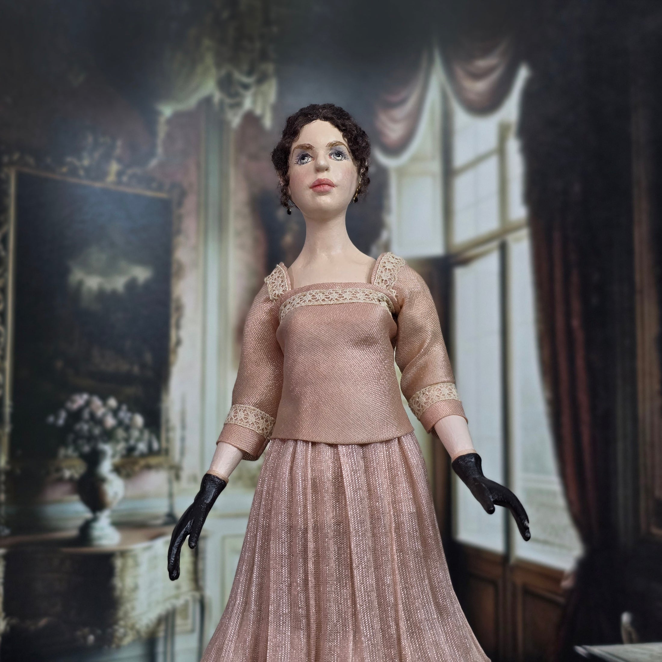 Hanna Kahl Hyland Rare Edwardian Style Carved Pear Wood Dollhouse Doll Lady on Platform