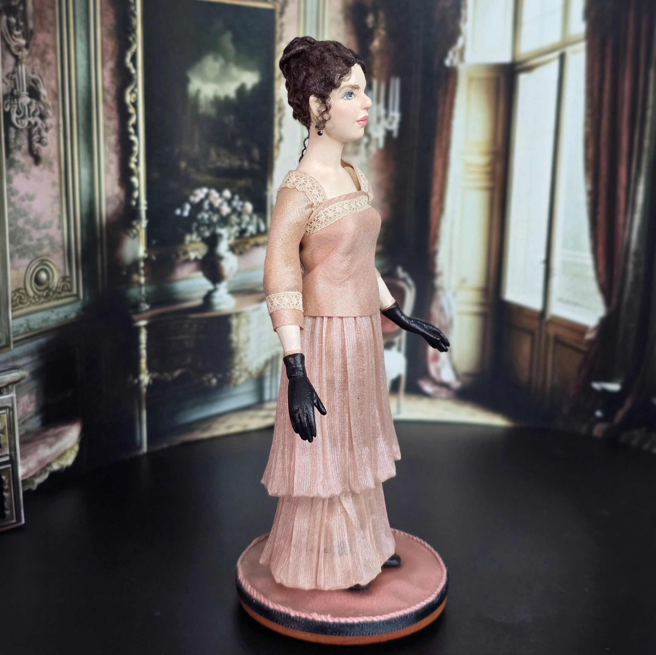 Hanna Kahl Hyland Rare Edwardian Style Carved Pear Wood Dollhouse Doll Lady on Platform