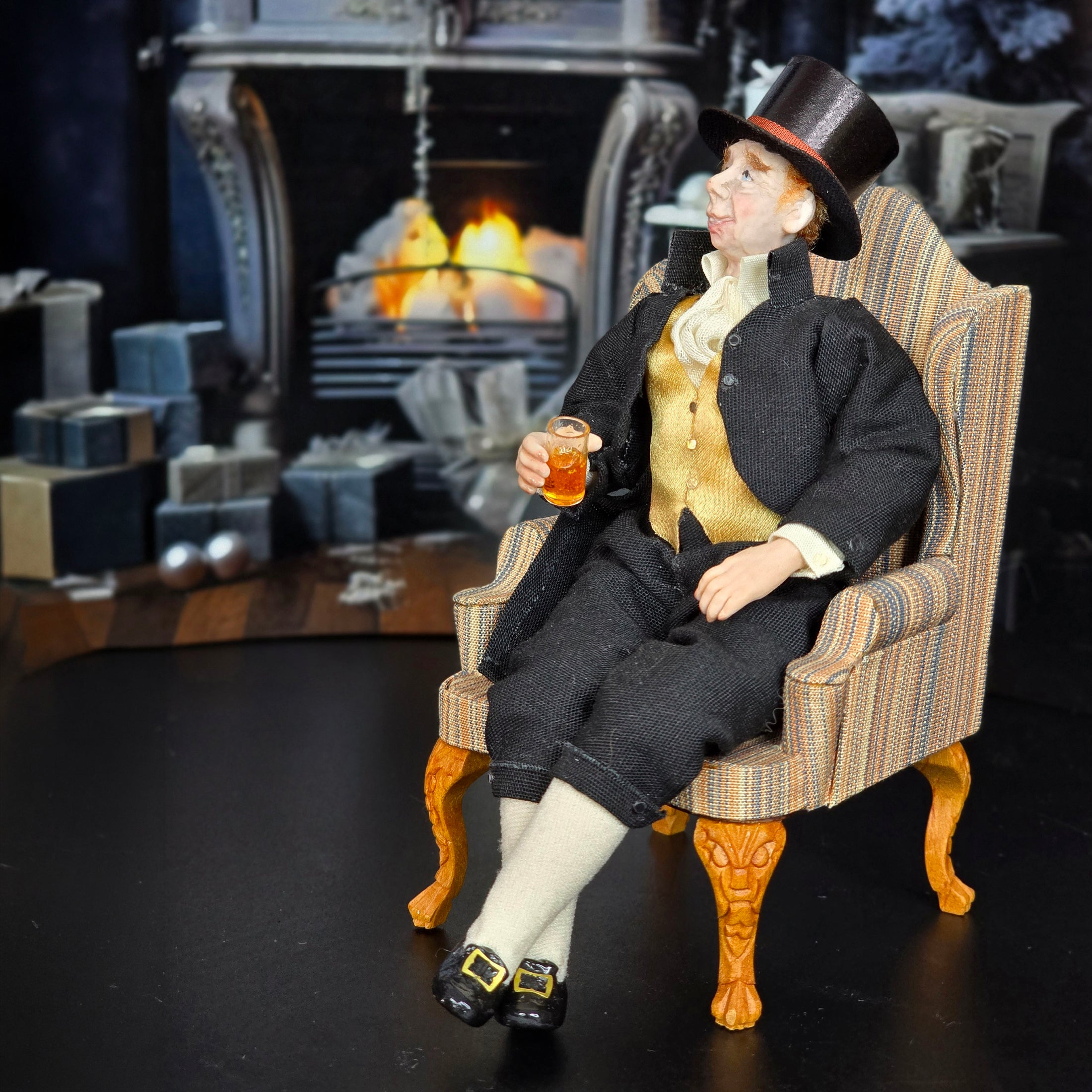 OOAK Older British Victorian Gentleman Character Doll with Top Hat & Drink