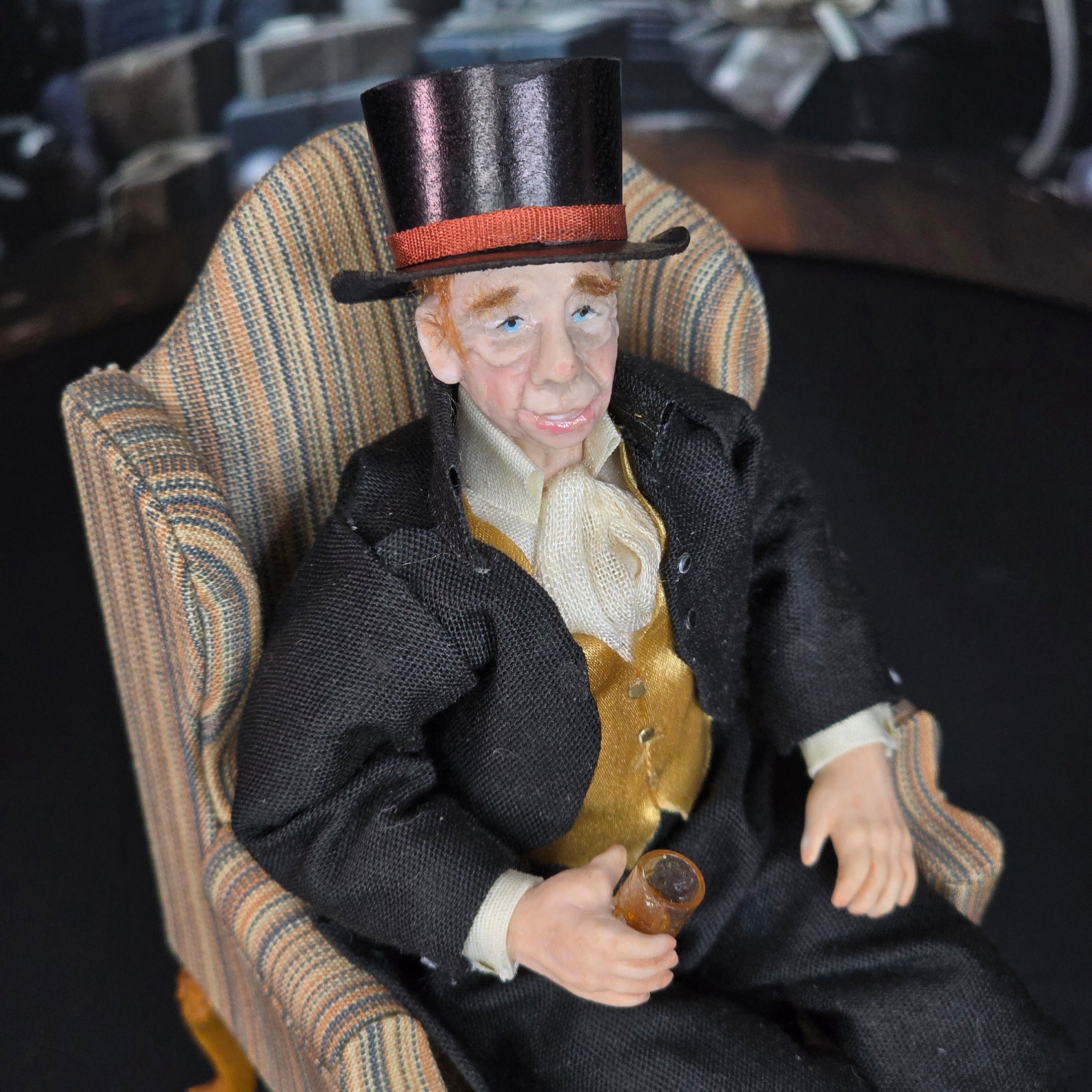 OOAK Older British Victorian Gentleman Character Doll with Top Hat & Drink