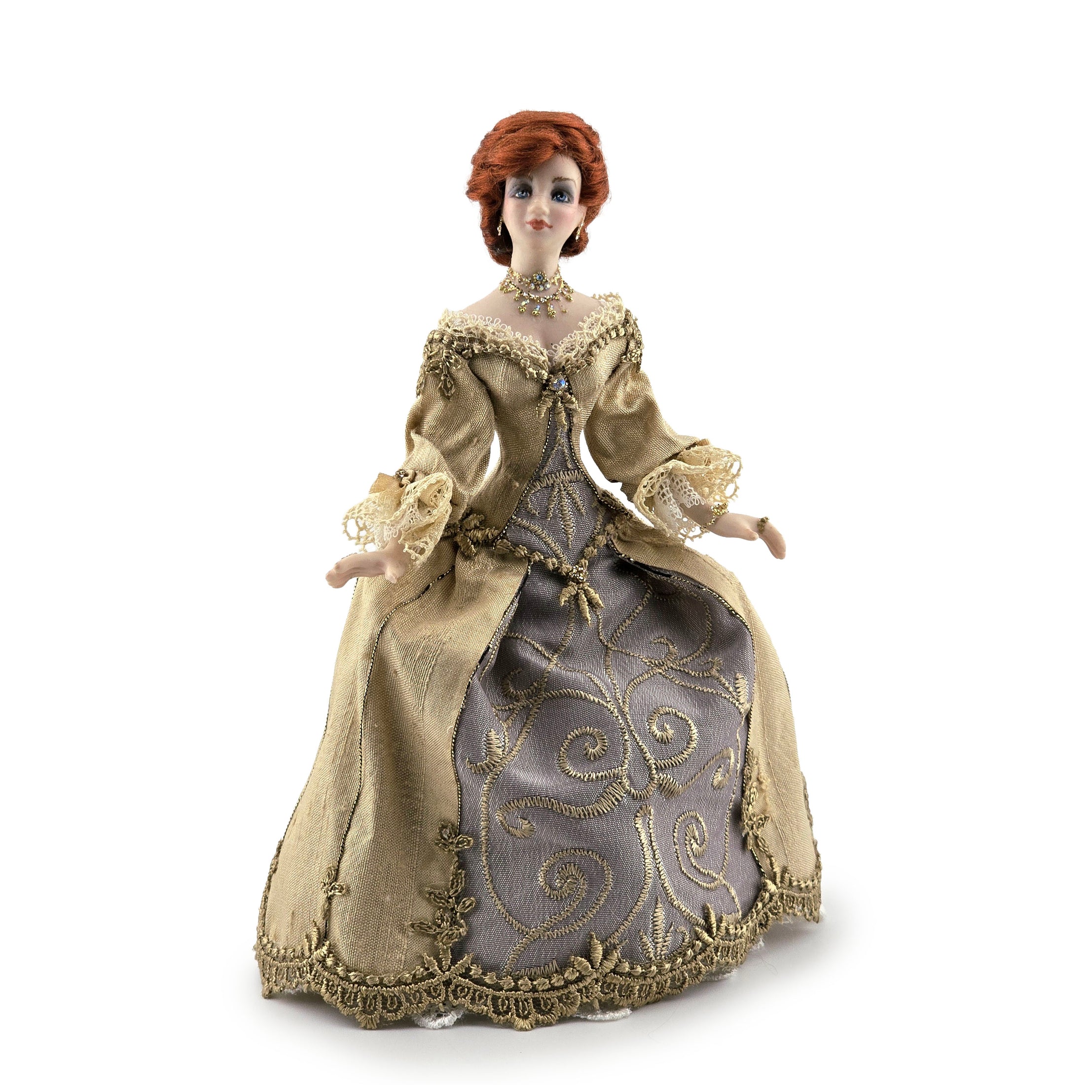 Victorian Porcelain Dollhouse Doll in Beige Silk Gown with Gorgeous Jewelry