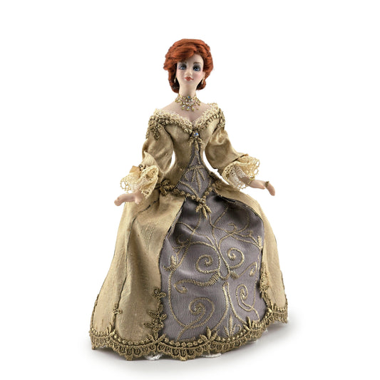 Victorian Porcelain Dollhouse Doll in Beige Silk Gown with Gorgeous Jewelry