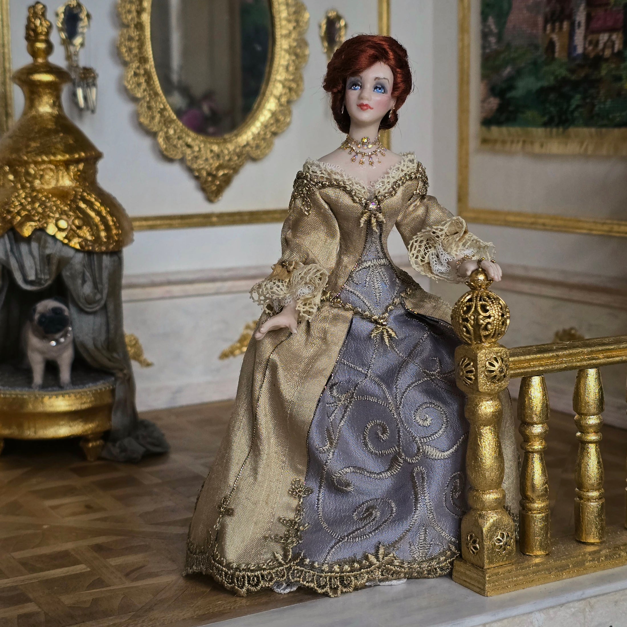 Victorian Porcelain Dollhouse Doll in Beige Silk Gown with Gorgeous Jewelry