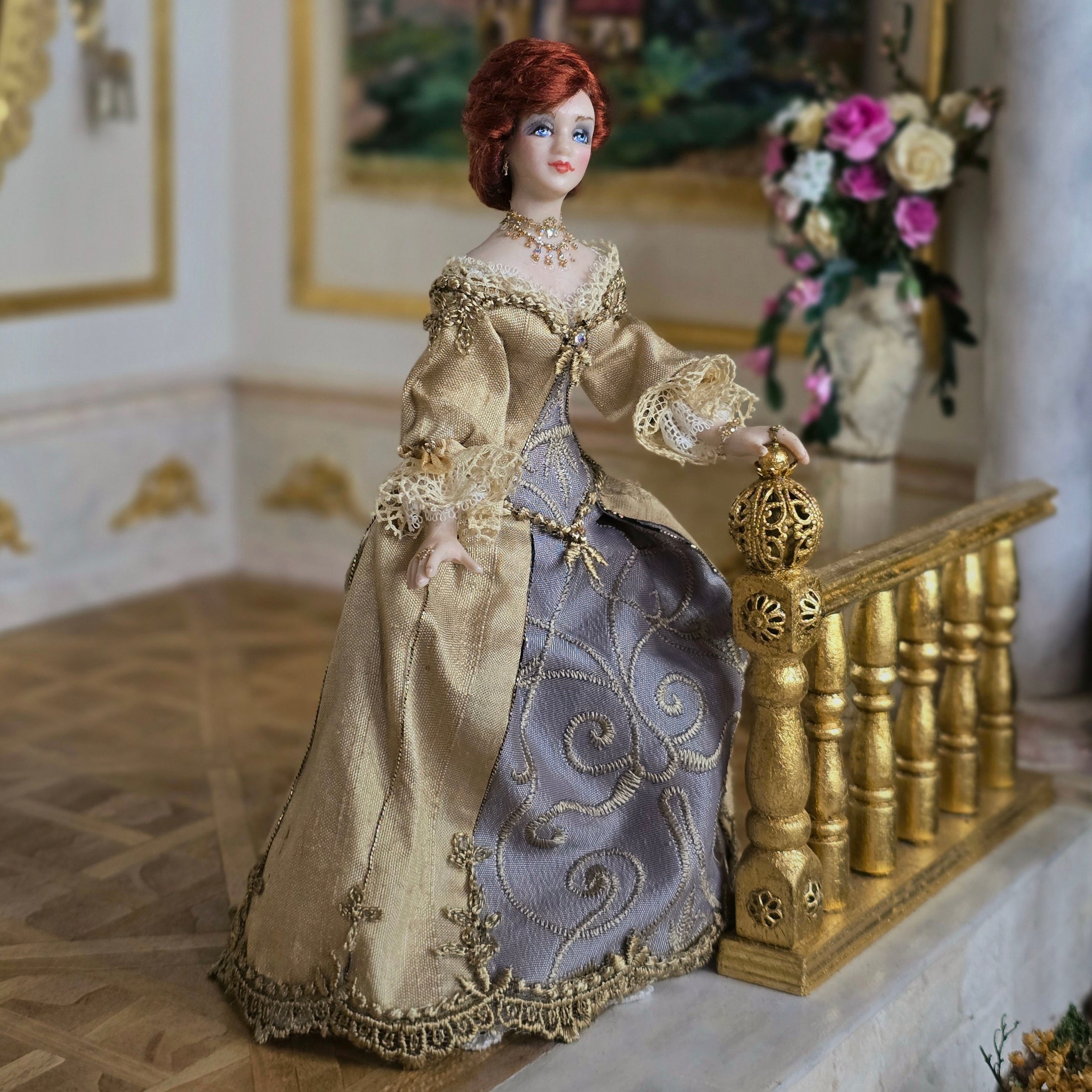 Victorian Porcelain Dollhouse Doll in Beige Silk Gown with Gorgeous Jewelry