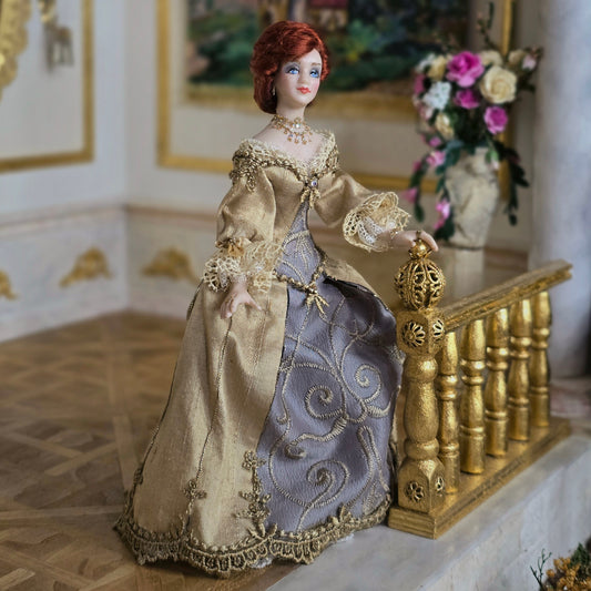 Victorian Porcelain Dollhouse Doll in Beige Silk Gown with Gorgeous Jewelry
