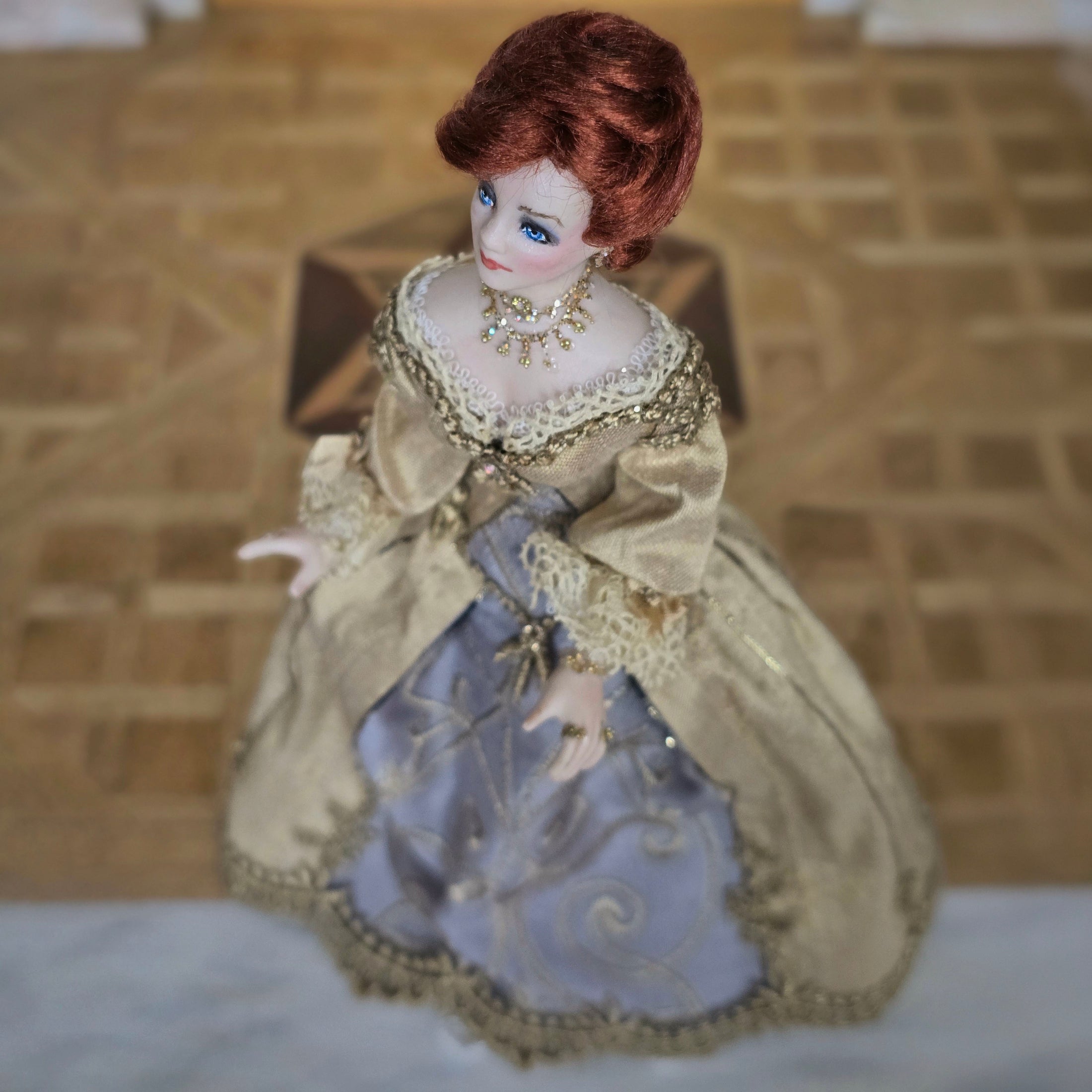 Victorian Porcelain Dollhouse Doll in Beige Silk Gown with Gorgeous Jewelry