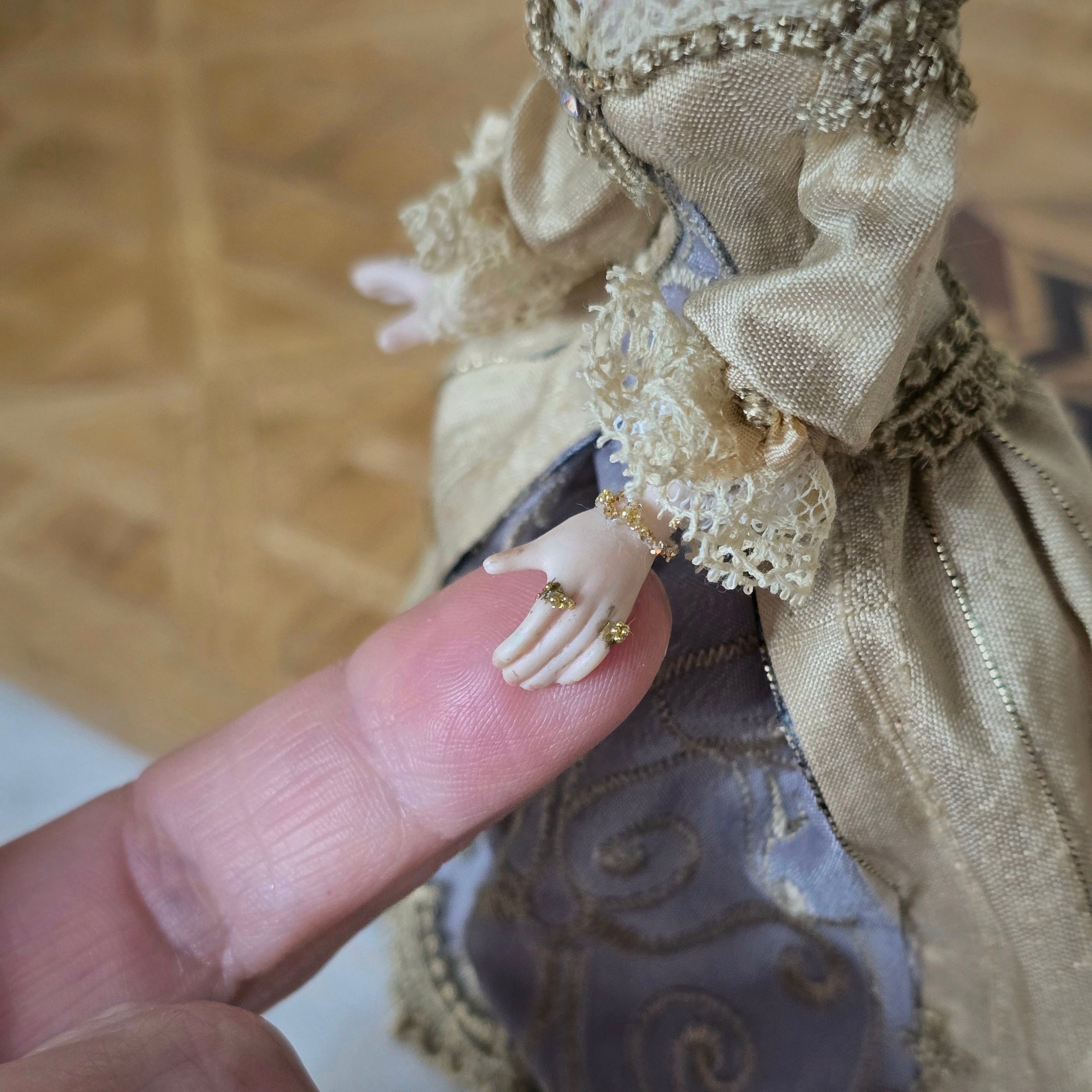 Victorian Porcelain Dollhouse Doll in Beige Silk Gown with Gorgeous Jewelry