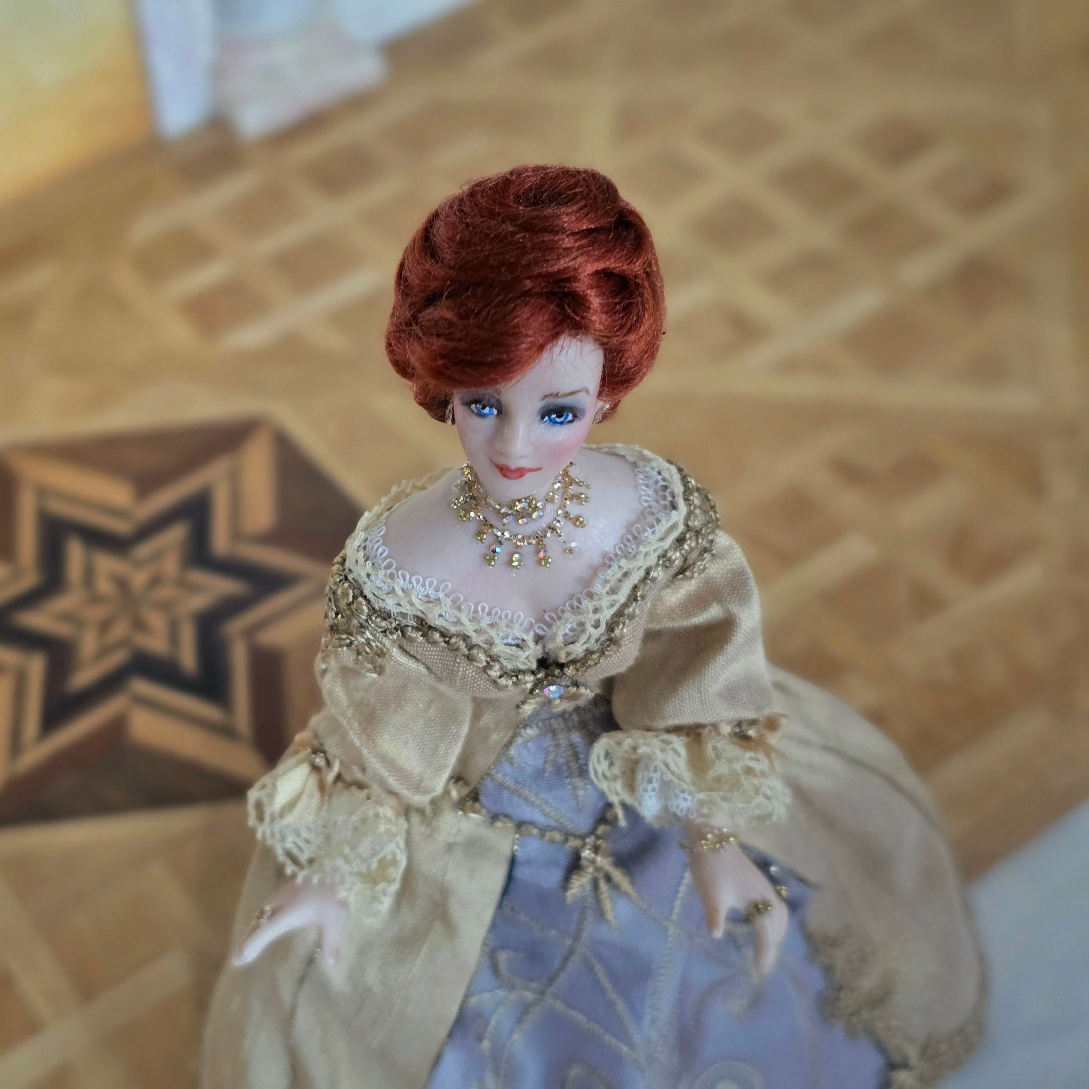 Victorian Porcelain Dollhouse Doll in Beige Silk Gown with Gorgeous Jewelry