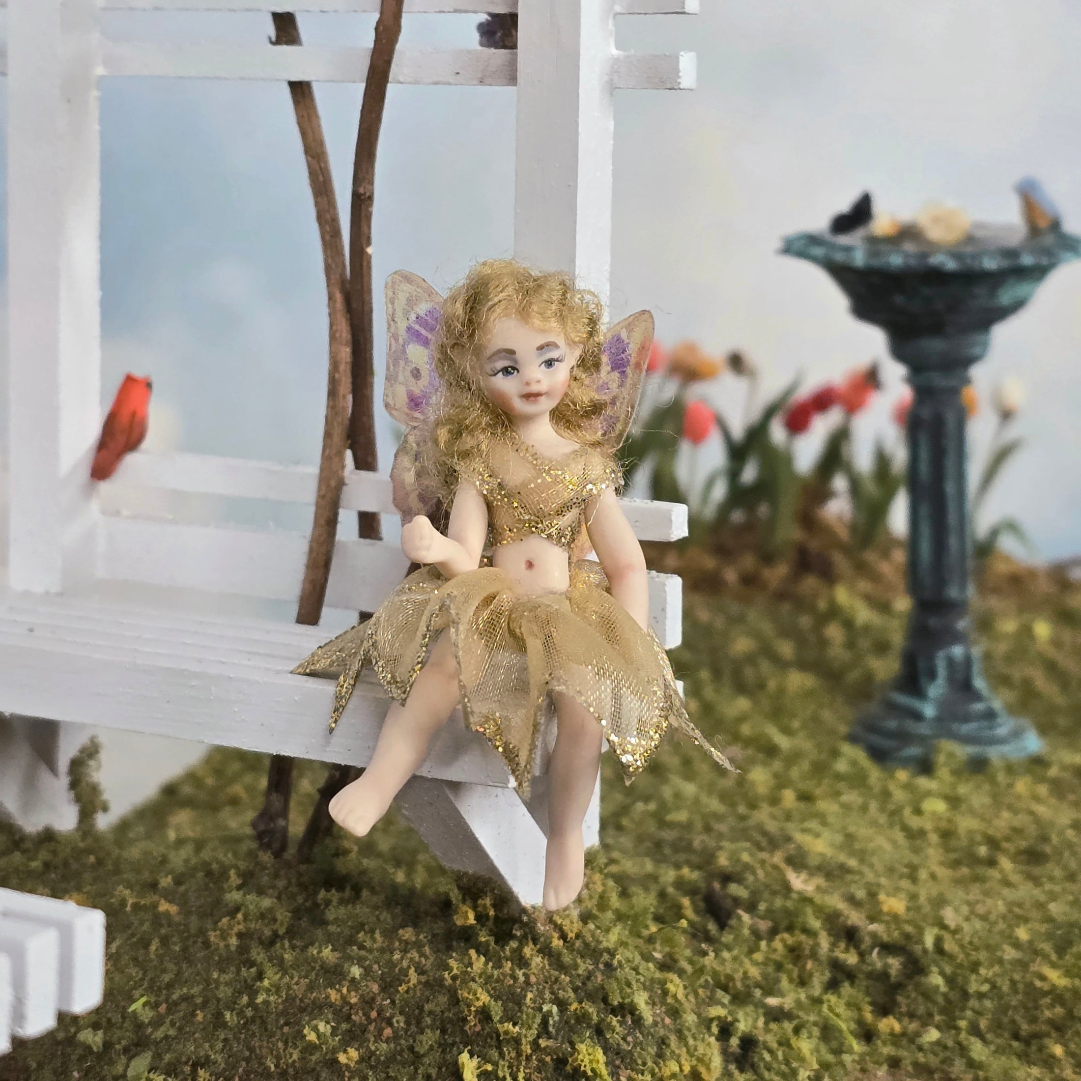 OOAK Whimsical Porcelain Fairy Child Dollhouse Doll with Butterfly Wings