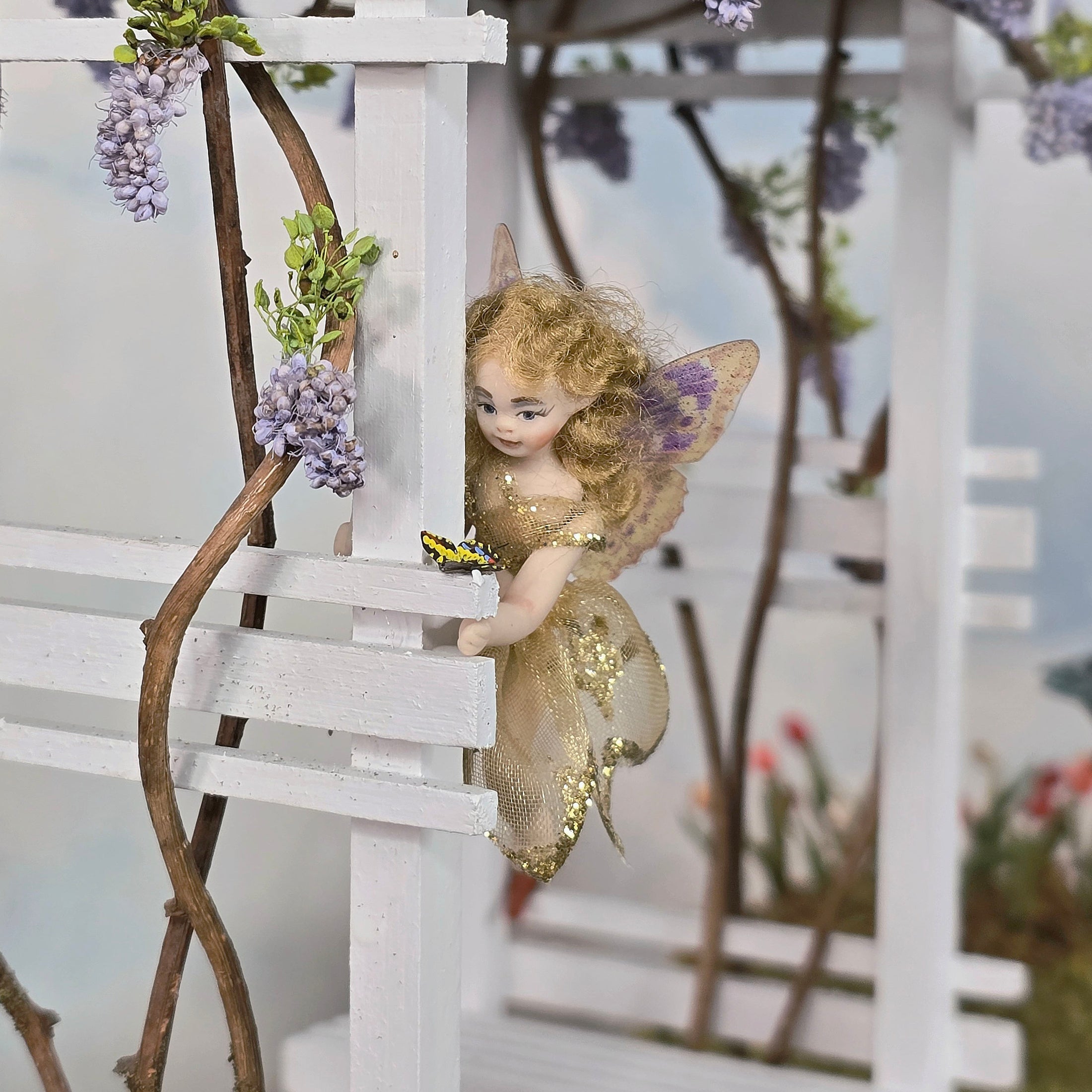 OOAK Whimsical Porcelain Fairy Child Dollhouse Doll with Butterfly Wings