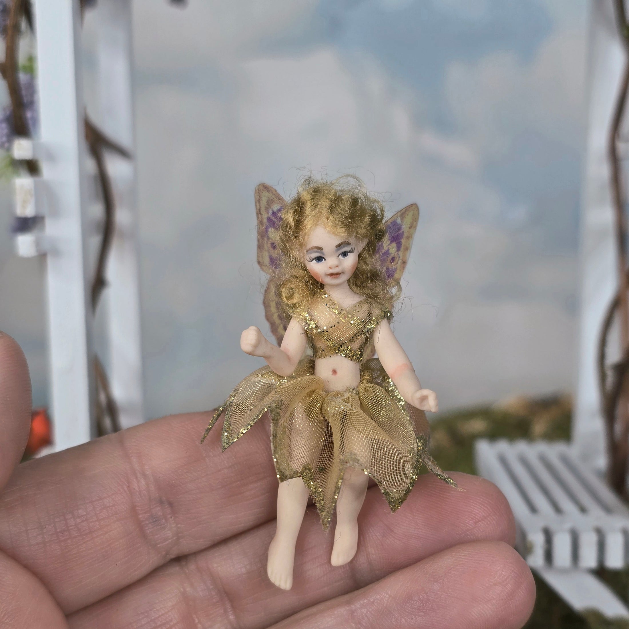 OOAK Whimsical Porcelain Fairy Child Dollhouse Doll with Butterfly Wings