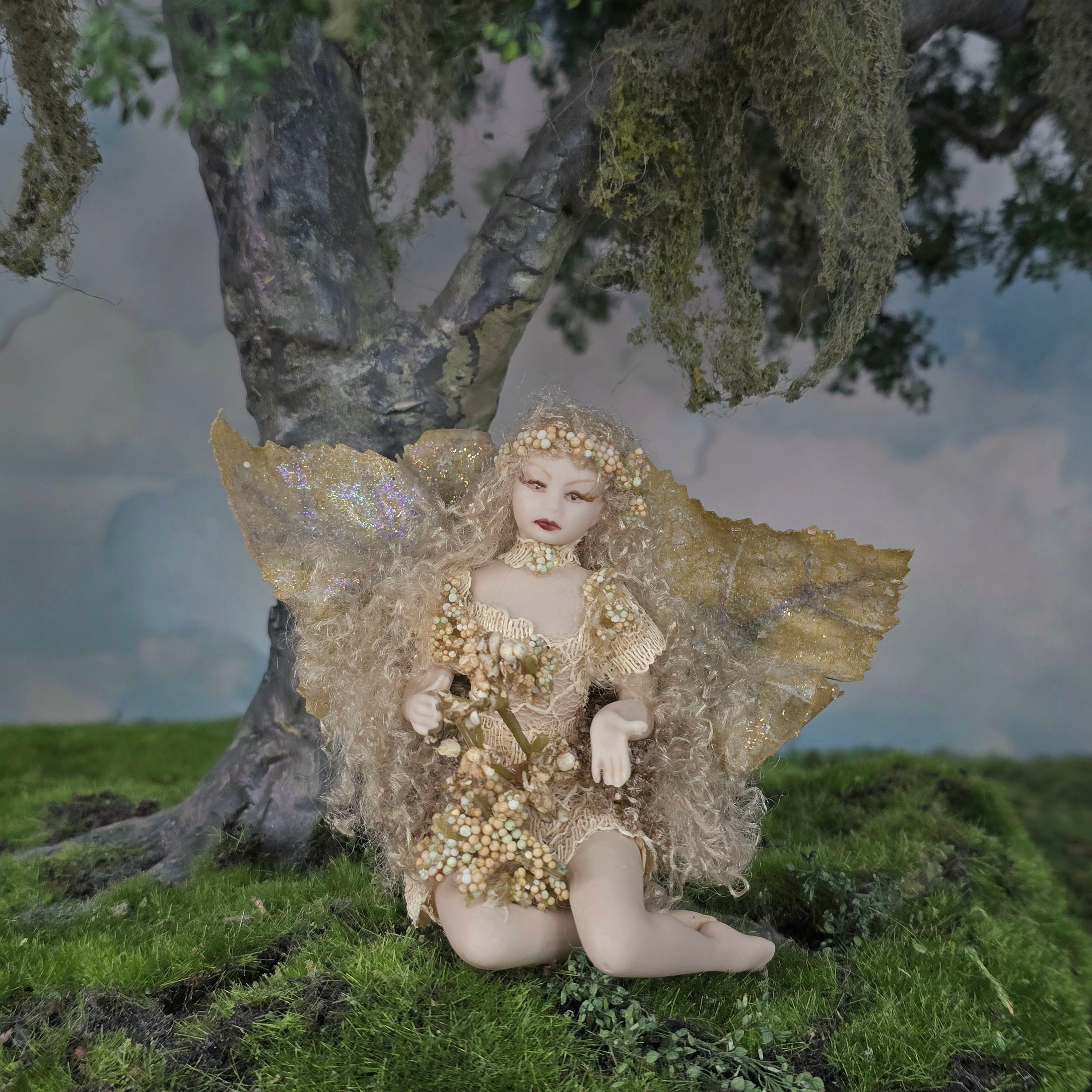OOAK Porcelain Woodland Fairy Woman Dollhouse Doll Golden Leafy Wings & Flowers