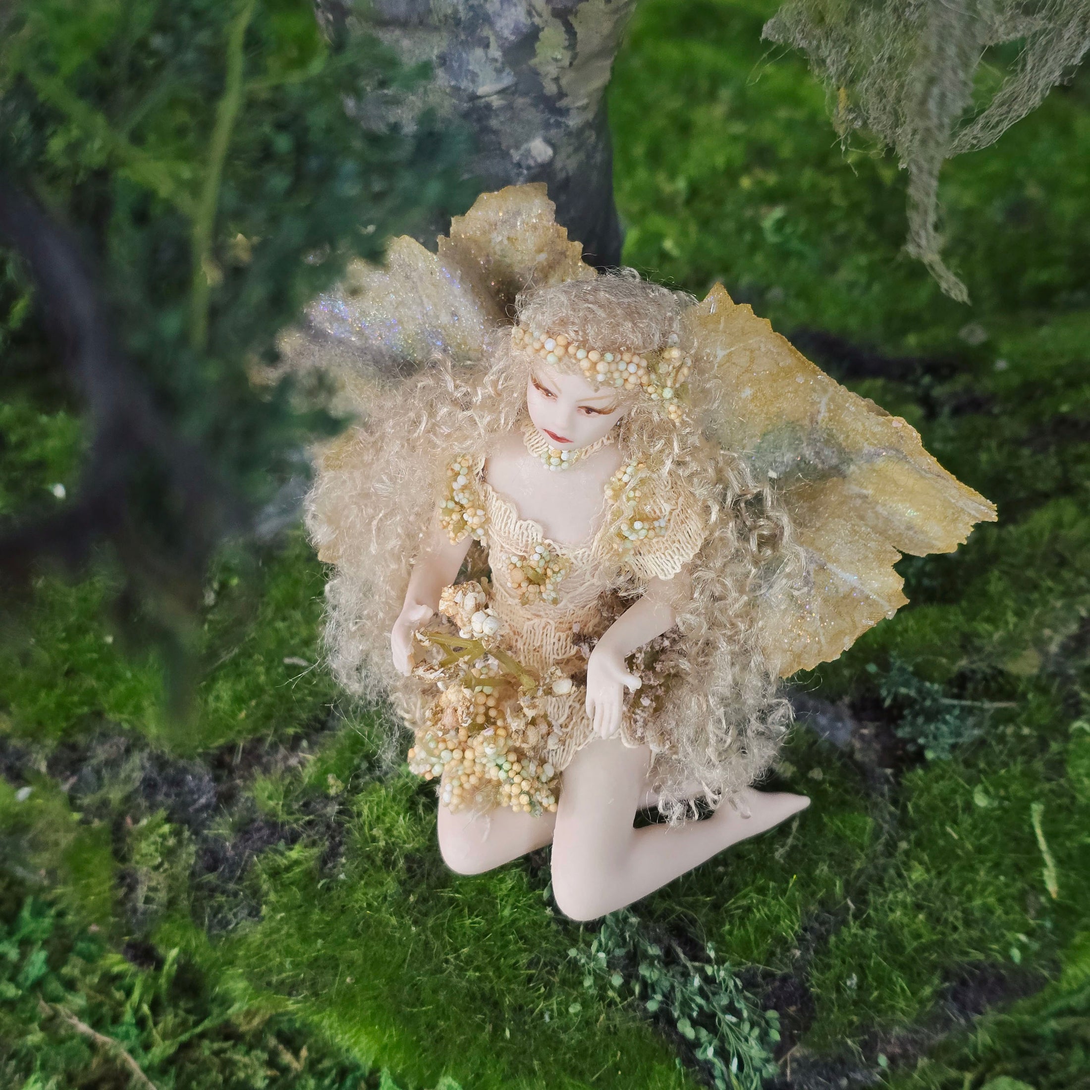 OOAK Porcelain Woodland Fairy Woman Dollhouse Doll Golden Leafy Wings & Flowers