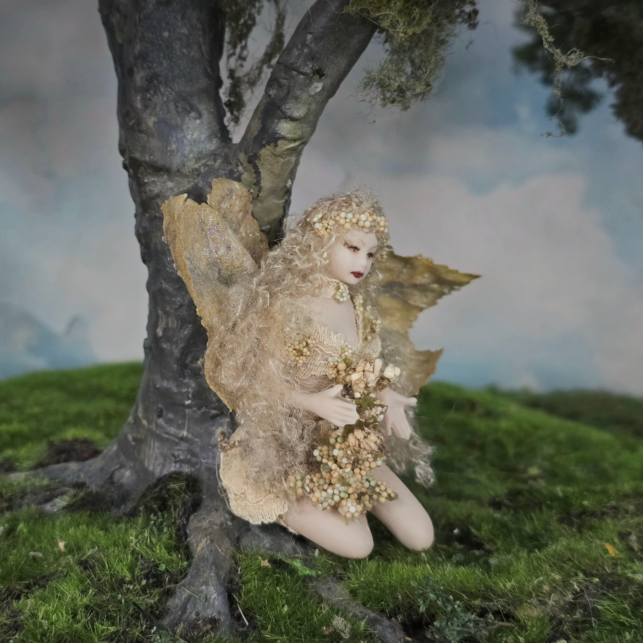 OOAK Porcelain Woodland Fairy Woman Dollhouse Doll Golden Leafy Wings & Flowers