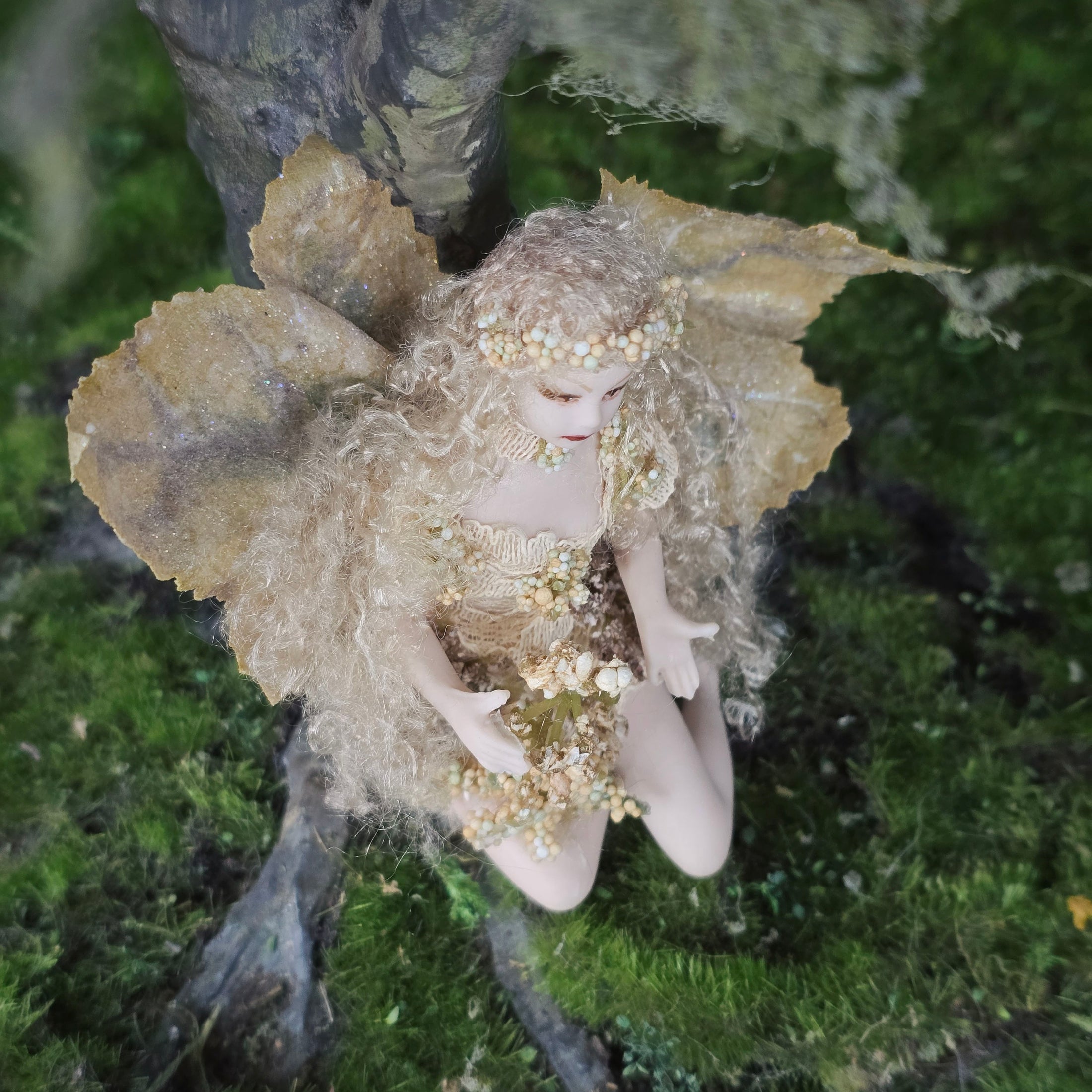 OOAK Porcelain Woodland Fairy Woman Dollhouse Doll Golden Leafy Wings & Flowers