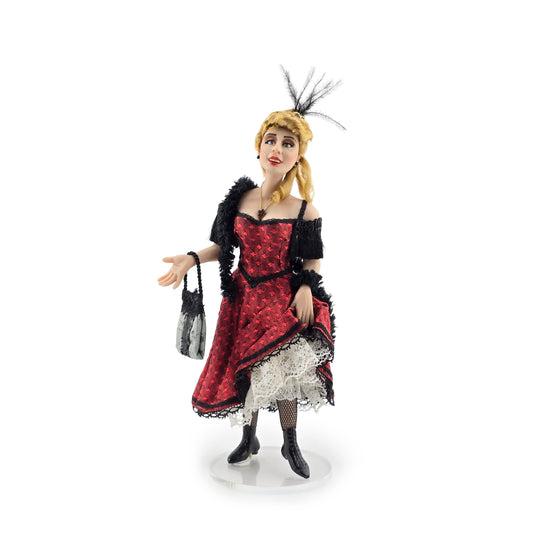 OOAK Flirty Blonde Porcelain Saloon Lady Dollhouse Doll Red Black Dress
