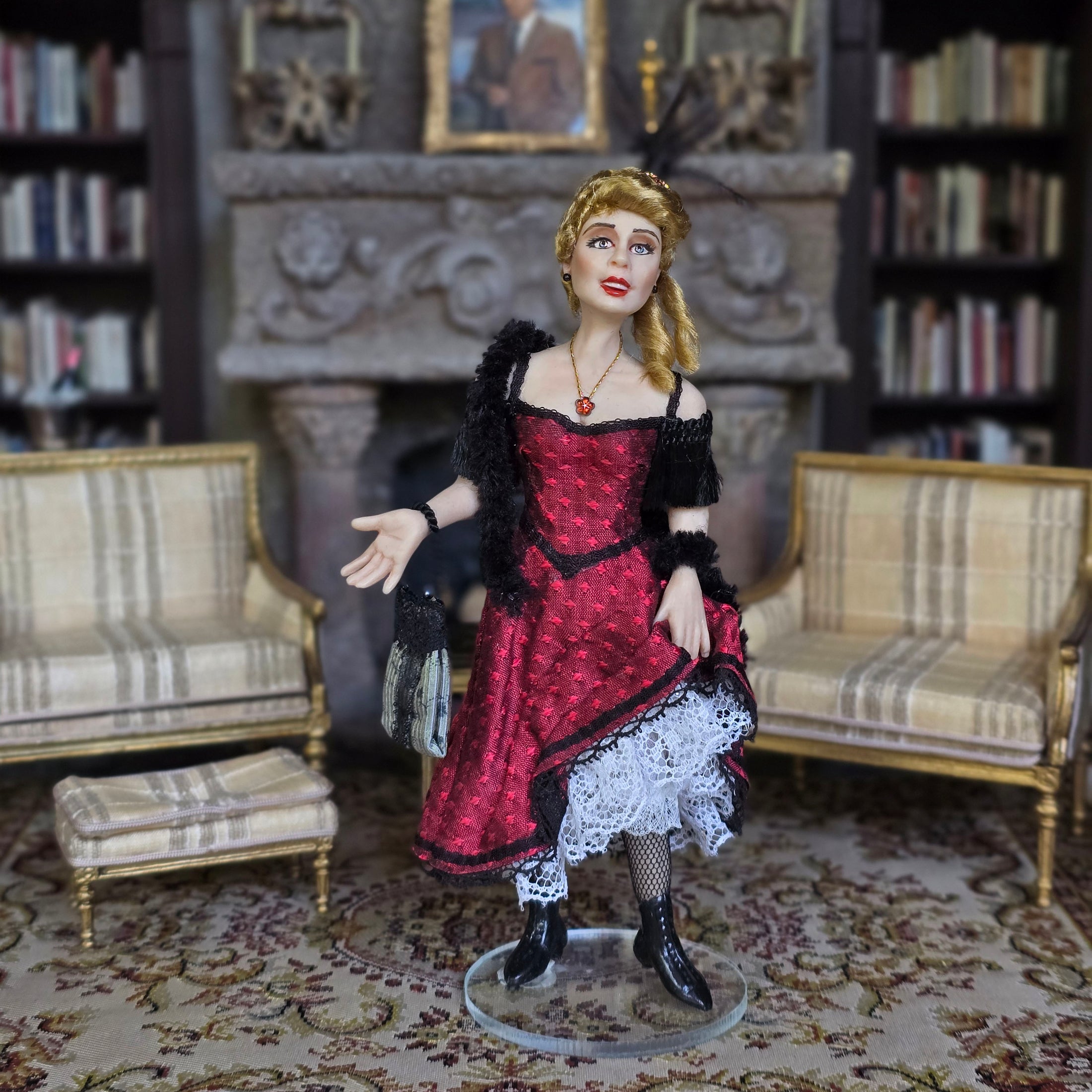 OOAK Flirty Blonde Porcelain Saloon Lady Dollhouse Doll Red Black Dress
