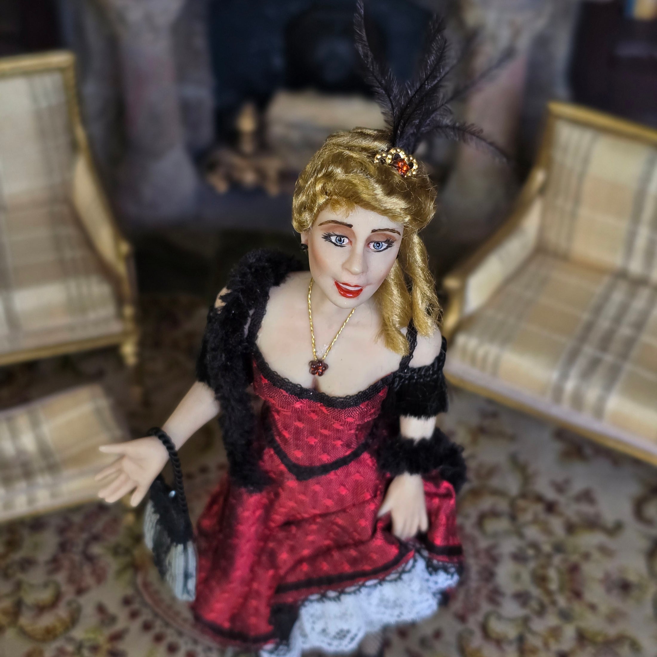 OOAK Flirty Blonde Porcelain Saloon Lady Dollhouse Doll Red Black Dress
