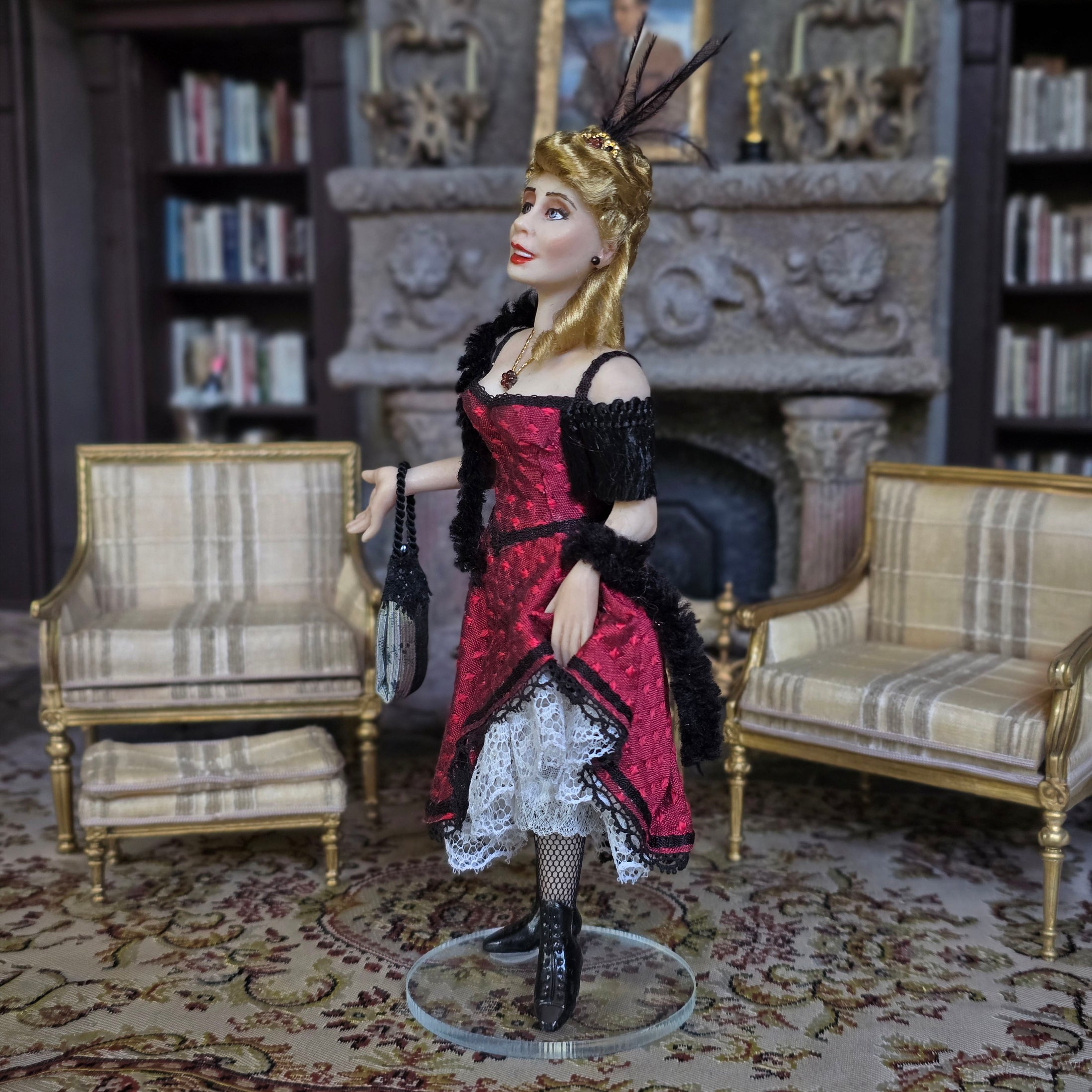OOAK Flirty Blonde Porcelain Saloon Lady Dollhouse Doll Red Black Dress