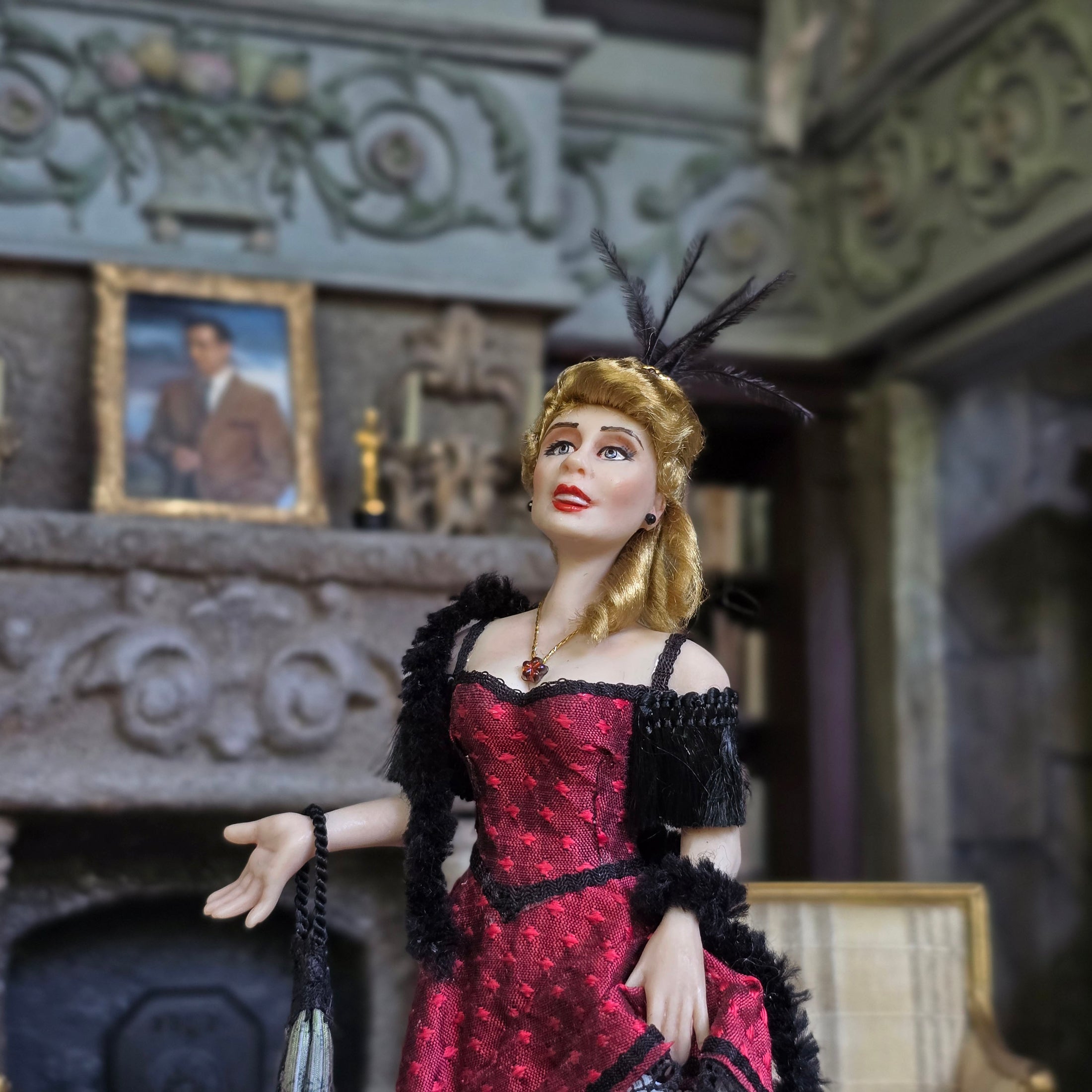 OOAK Flirty Blonde Porcelain Saloon Lady Dollhouse Doll Red Black Dress