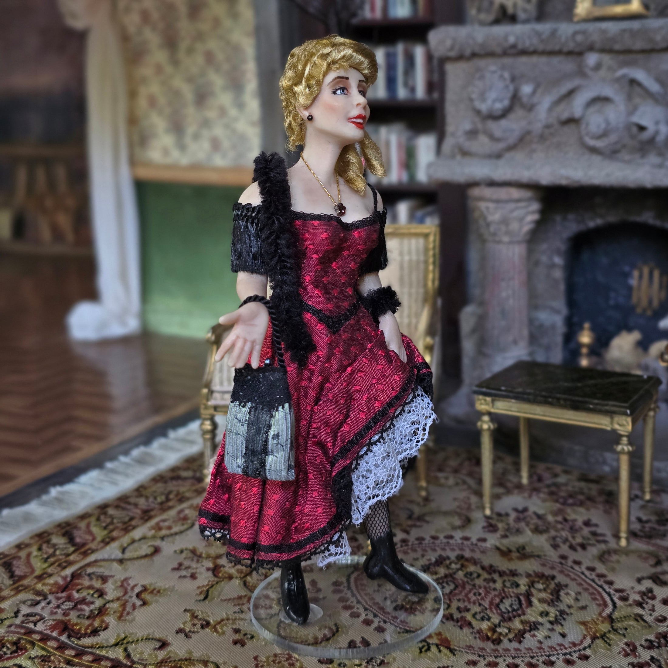 OOAK Flirty Blonde Porcelain Saloon Lady Dollhouse Doll Red Black Dress
