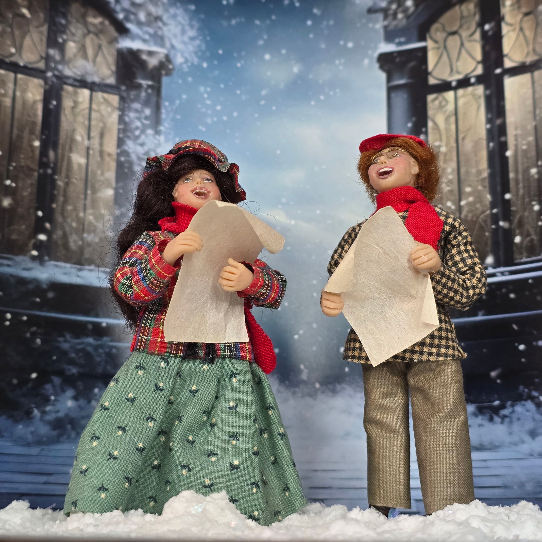 RARE Marcia Backstrom Signed Christmas Carolers Dolls Pair 1989 Early Clay Work