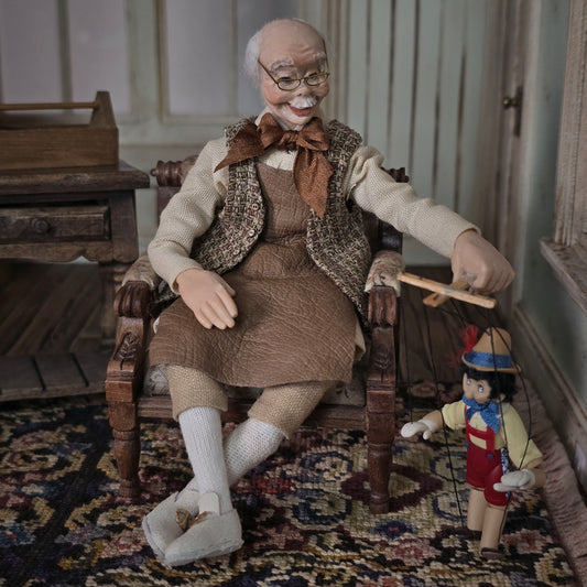 Geppetto and Pinocchio Puppet OOAK Clay Dollhouse Doll Figures 1:12 Scale