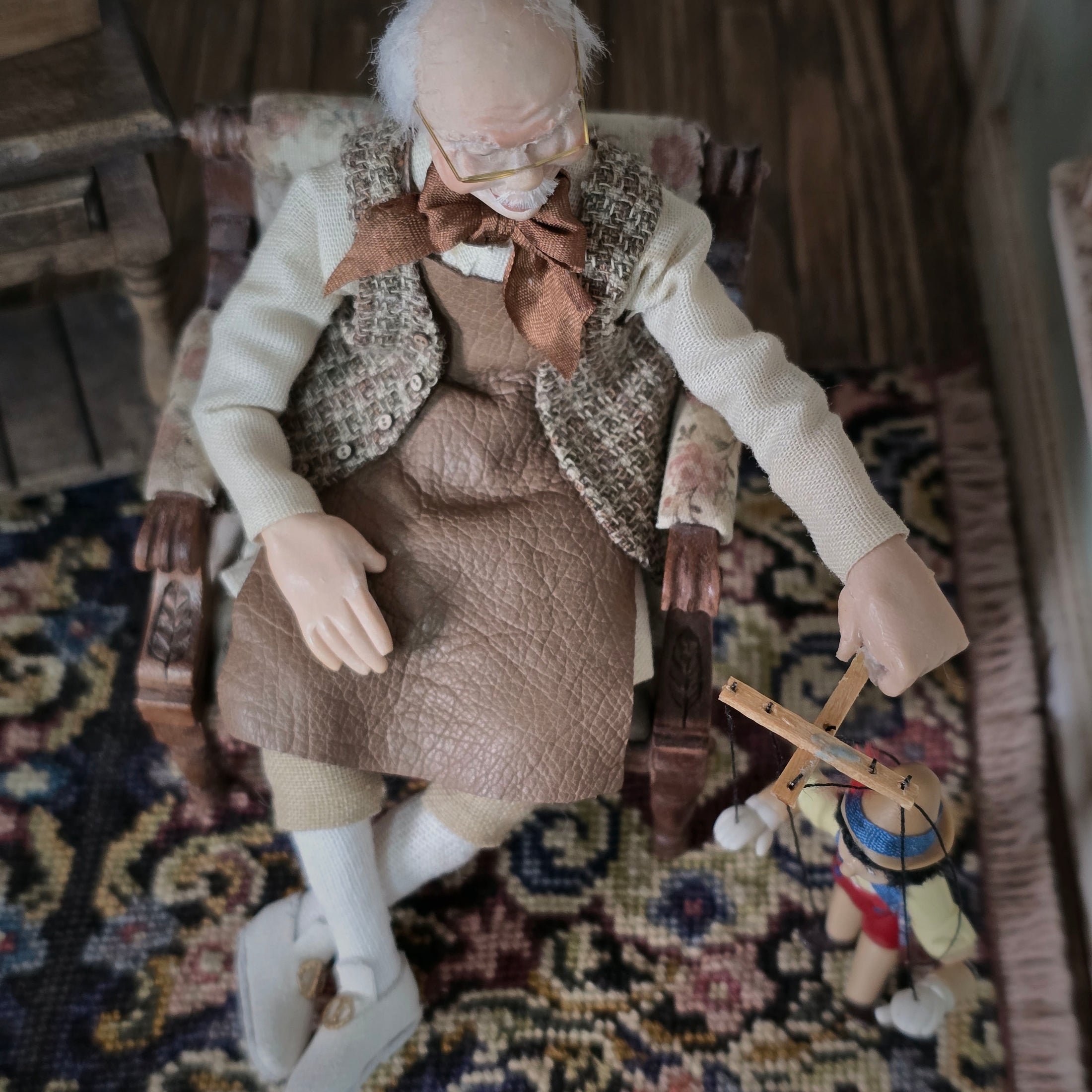 Geppetto and Pinocchio Puppet OOAK Clay Dollhouse Doll Figures 1:12 Scale