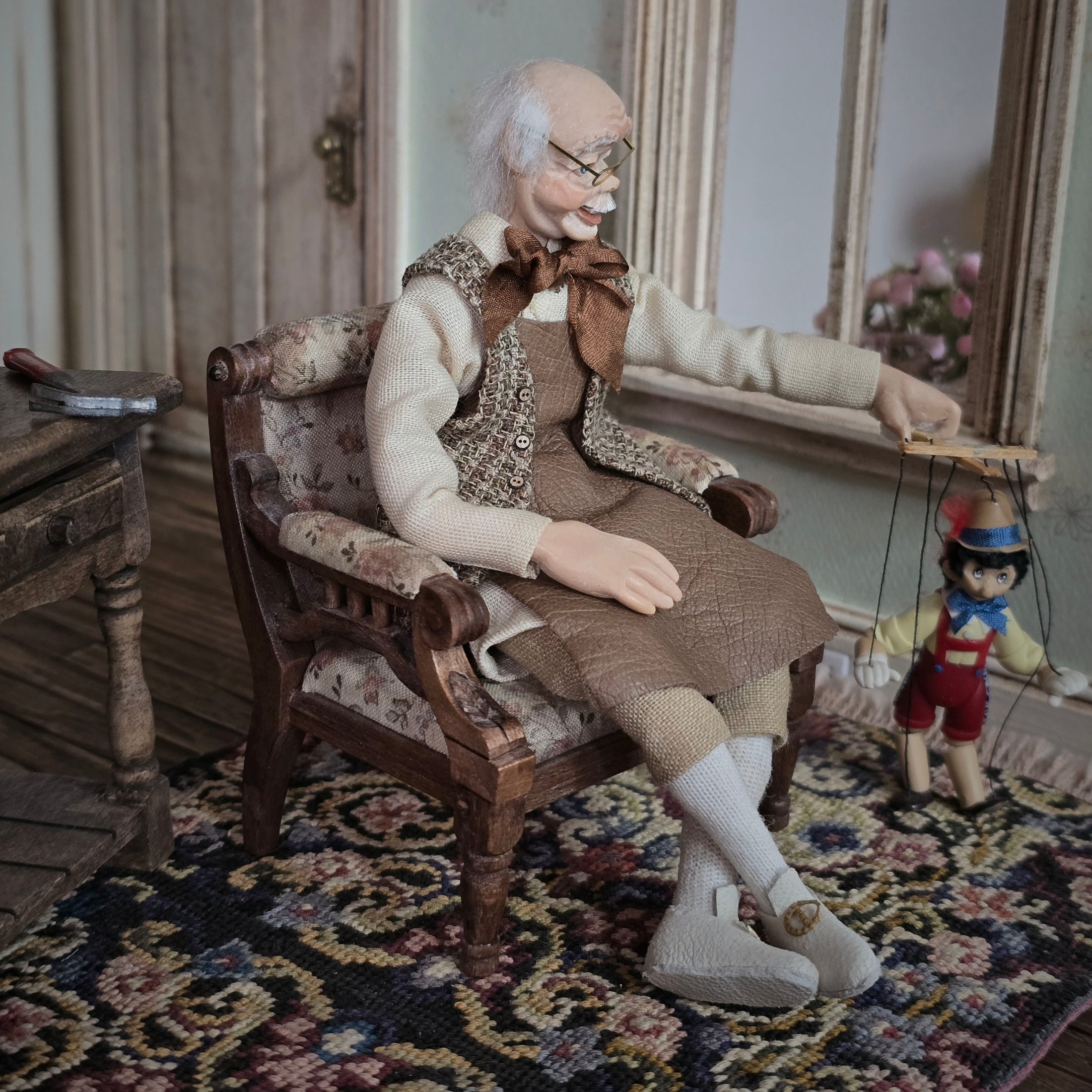 Geppetto and Pinocchio Puppet OOAK Clay Dollhouse Doll Figures 1:12 Scale