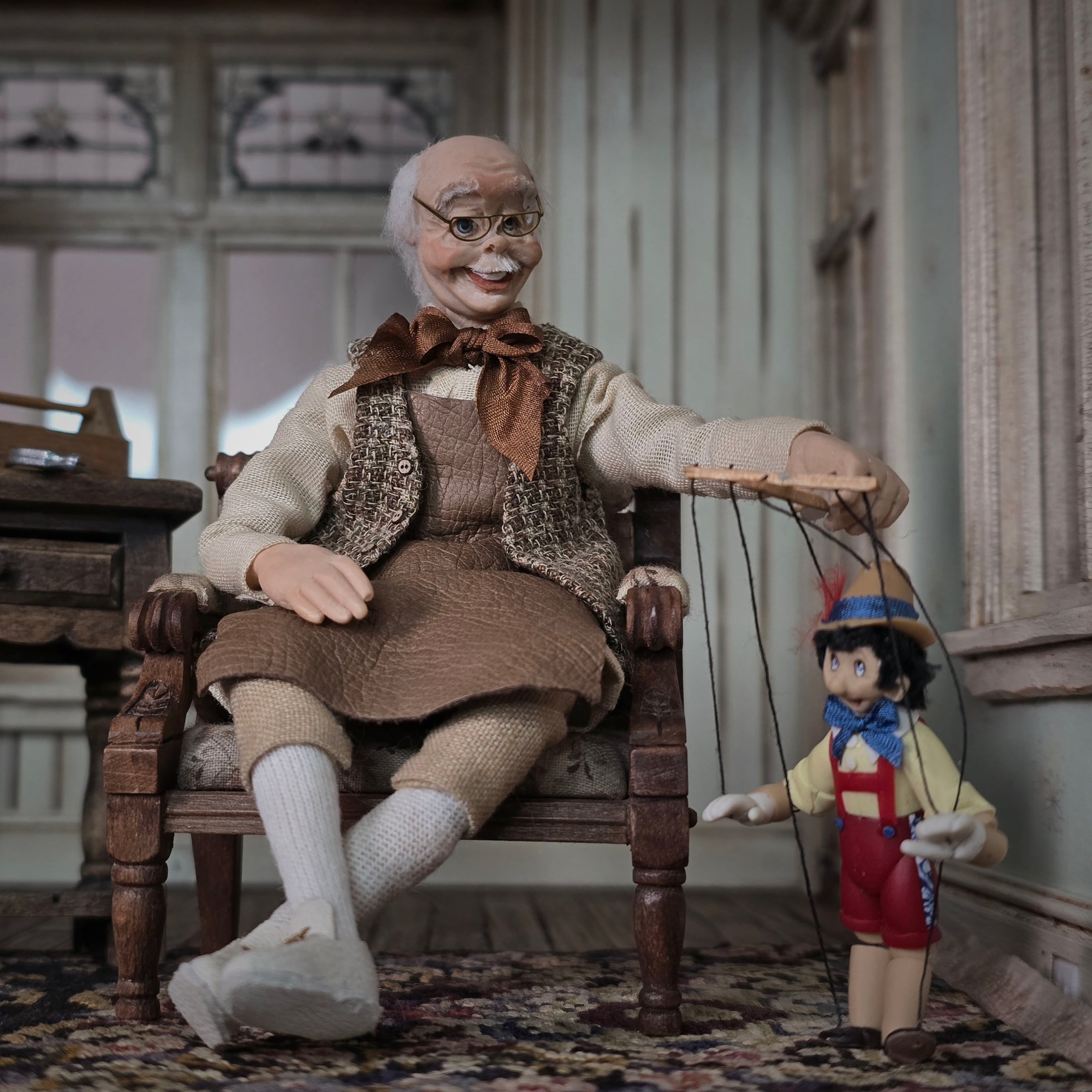 Geppetto and Pinocchio Puppet OOAK Clay Dollhouse Doll Figures 1:12 Scale